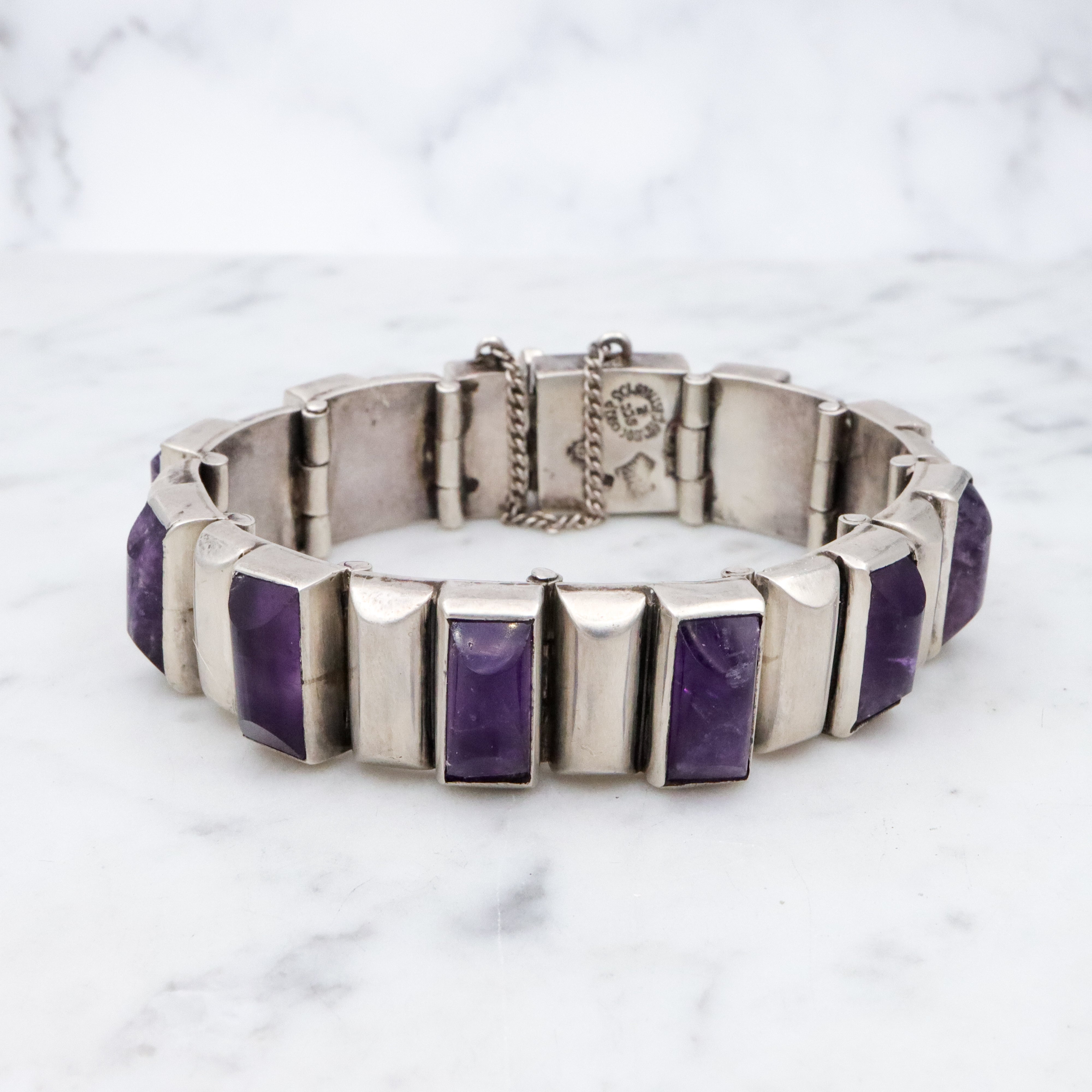 Exceptional Antonio Pineda Mid Century sterling & amethyst block link bracelet