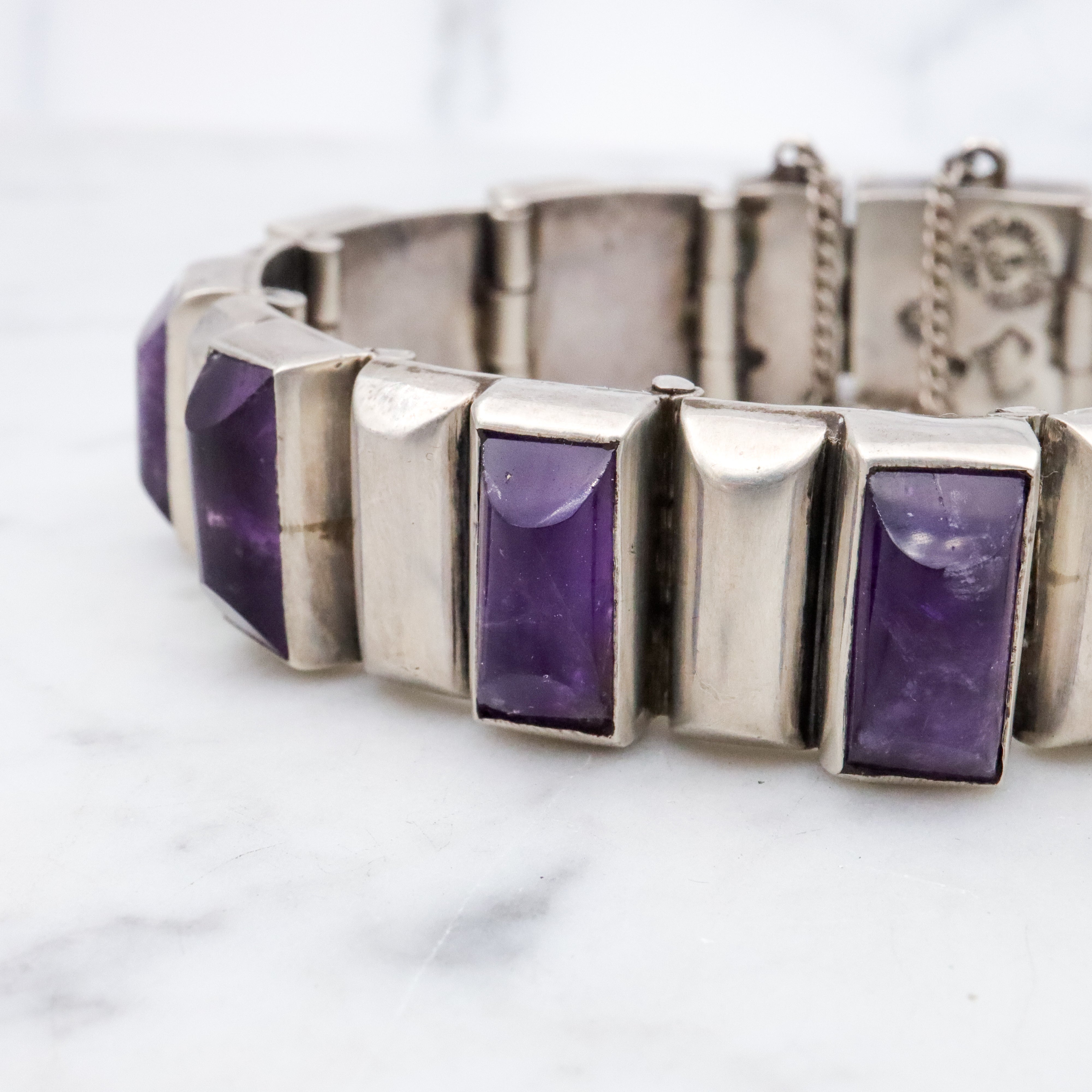 Exceptional Antonio Pineda Mid Century sterling & amethyst block link bracelet