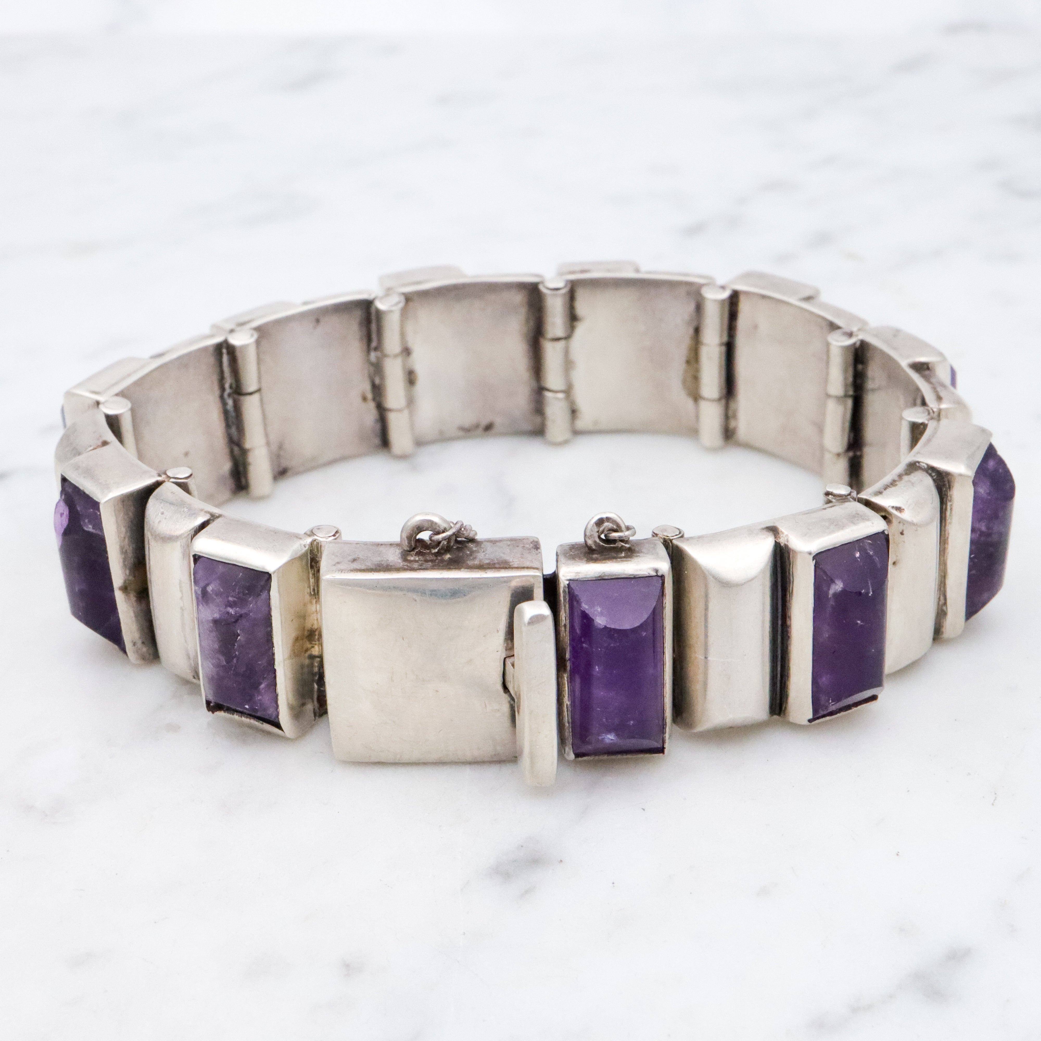 Exceptional Antonio Pineda Mid Century sterling & amethyst block link bracelet