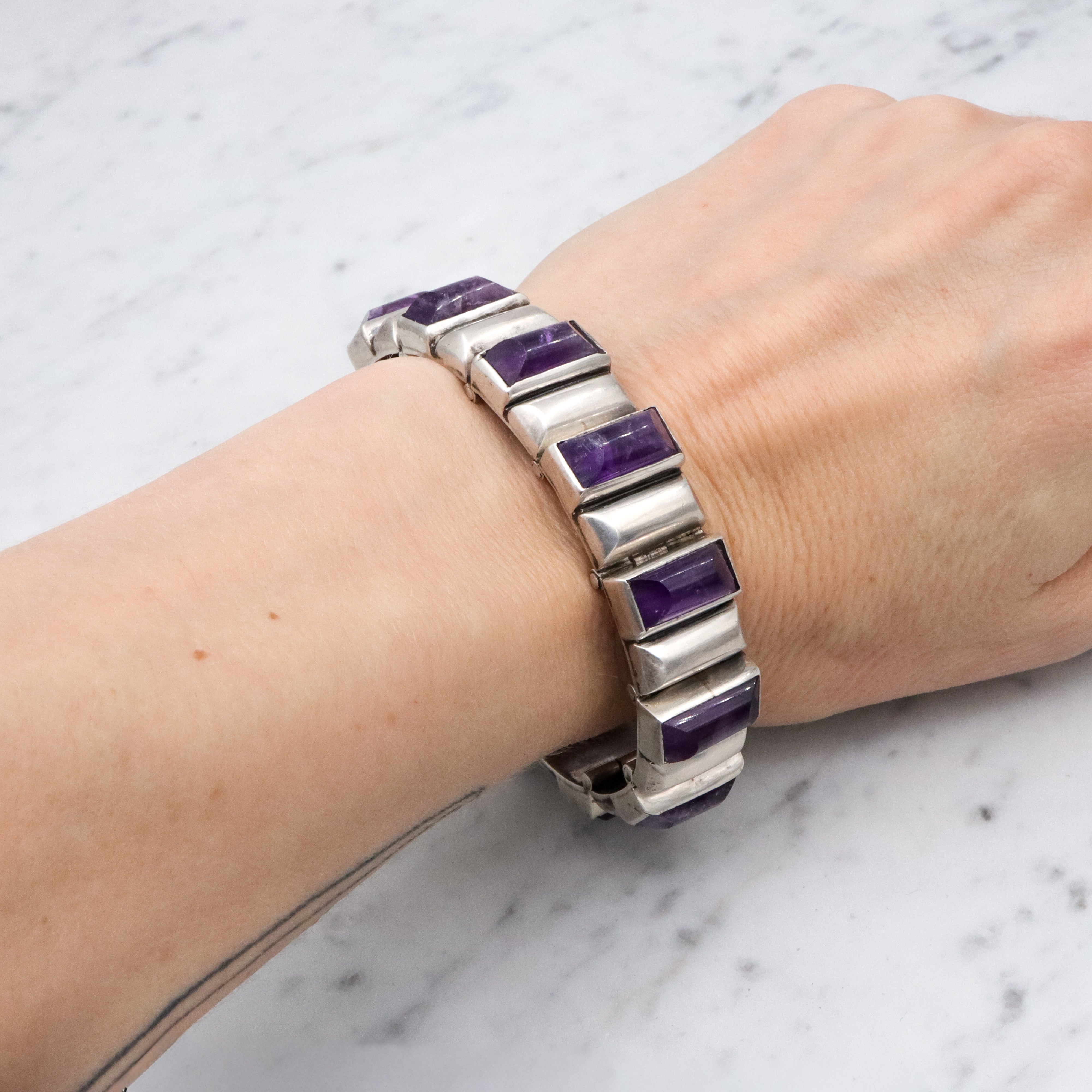 Exceptional Antonio Pineda Mid Century sterling & amethyst block link bracelet