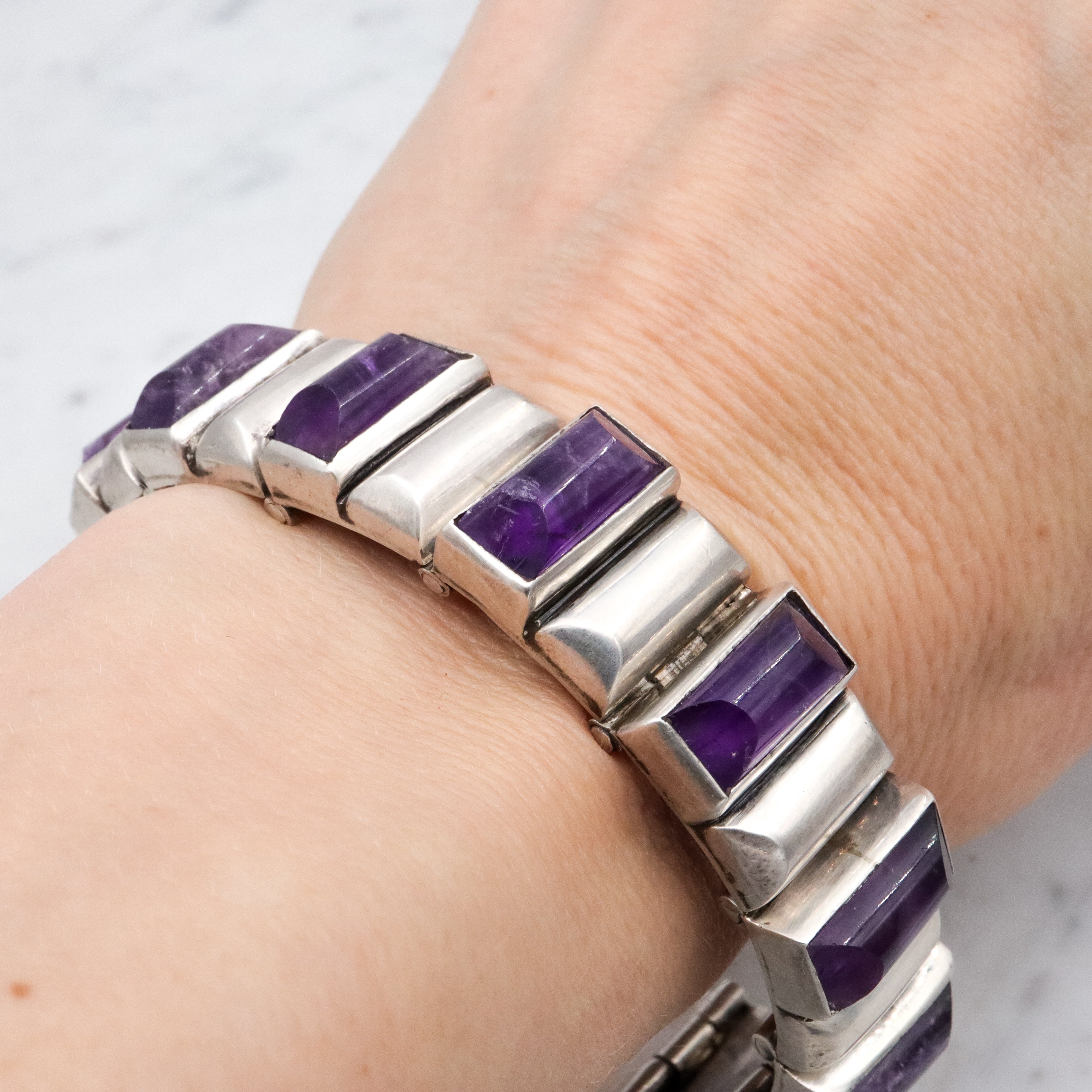 Exceptional Antonio Pineda Mid Century sterling & amethyst block link bracelet