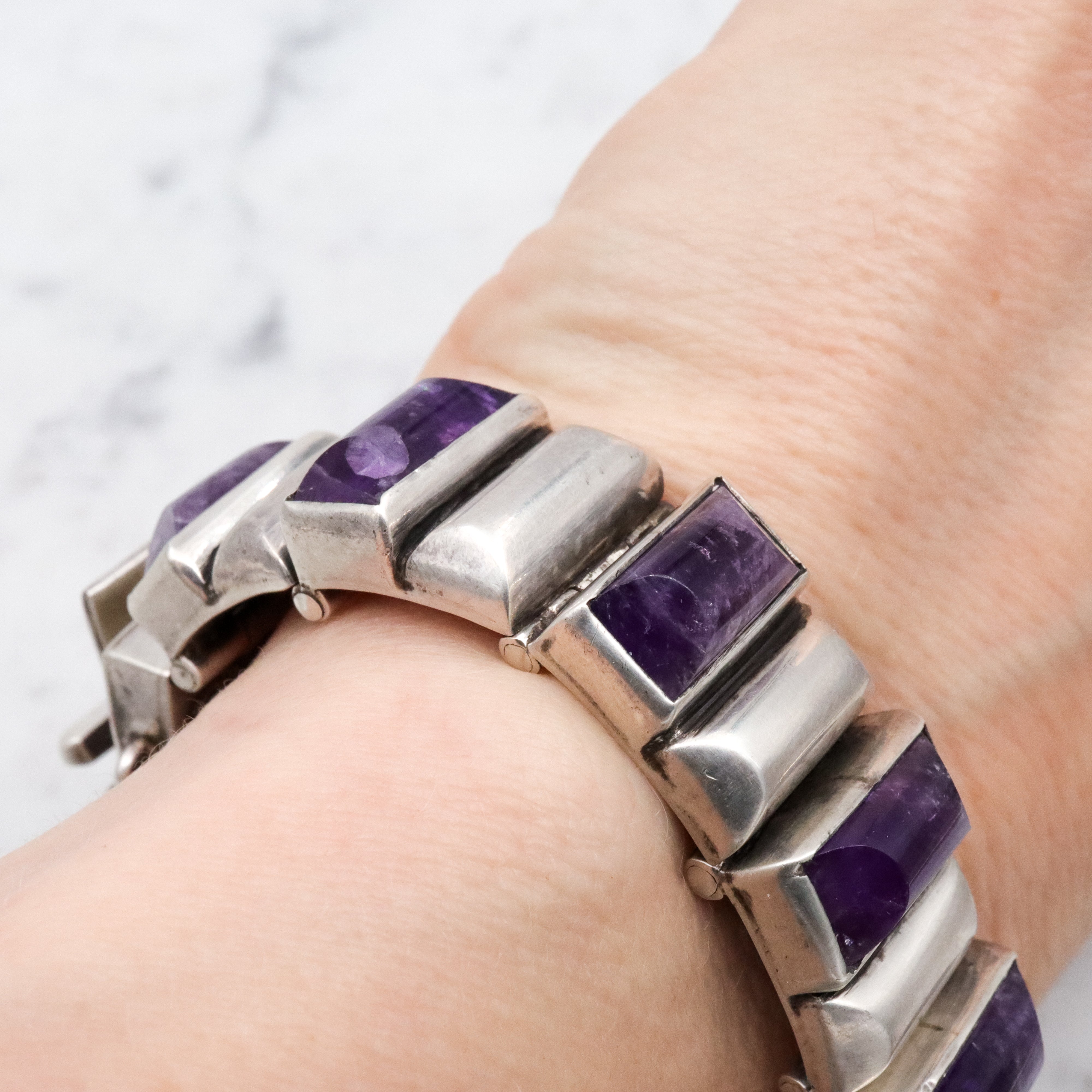 Exceptional Antonio Pineda Mid Century sterling & amethyst block link bracelet