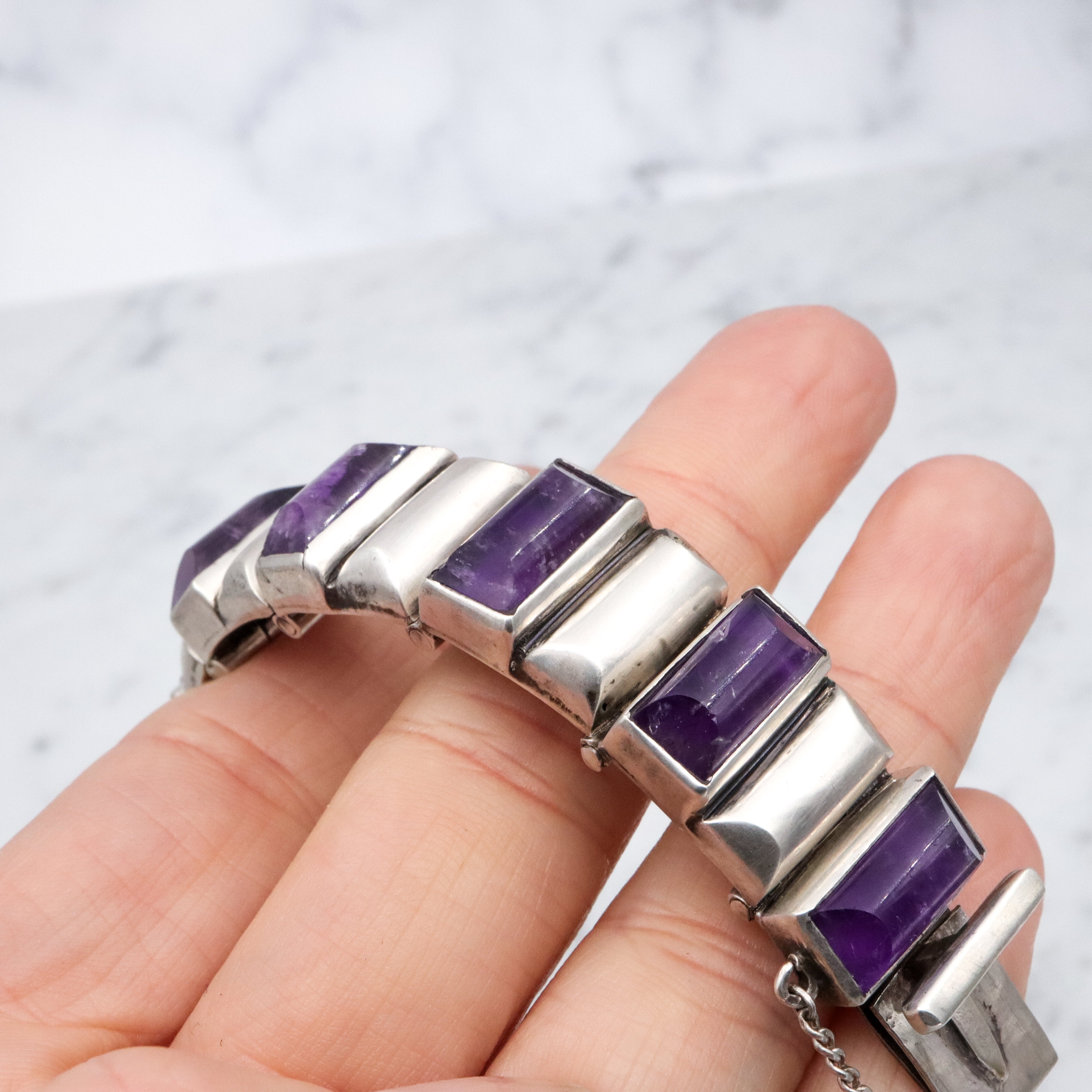 Exceptional Antonio Pineda Mid Century sterling & amethyst block link bracelet