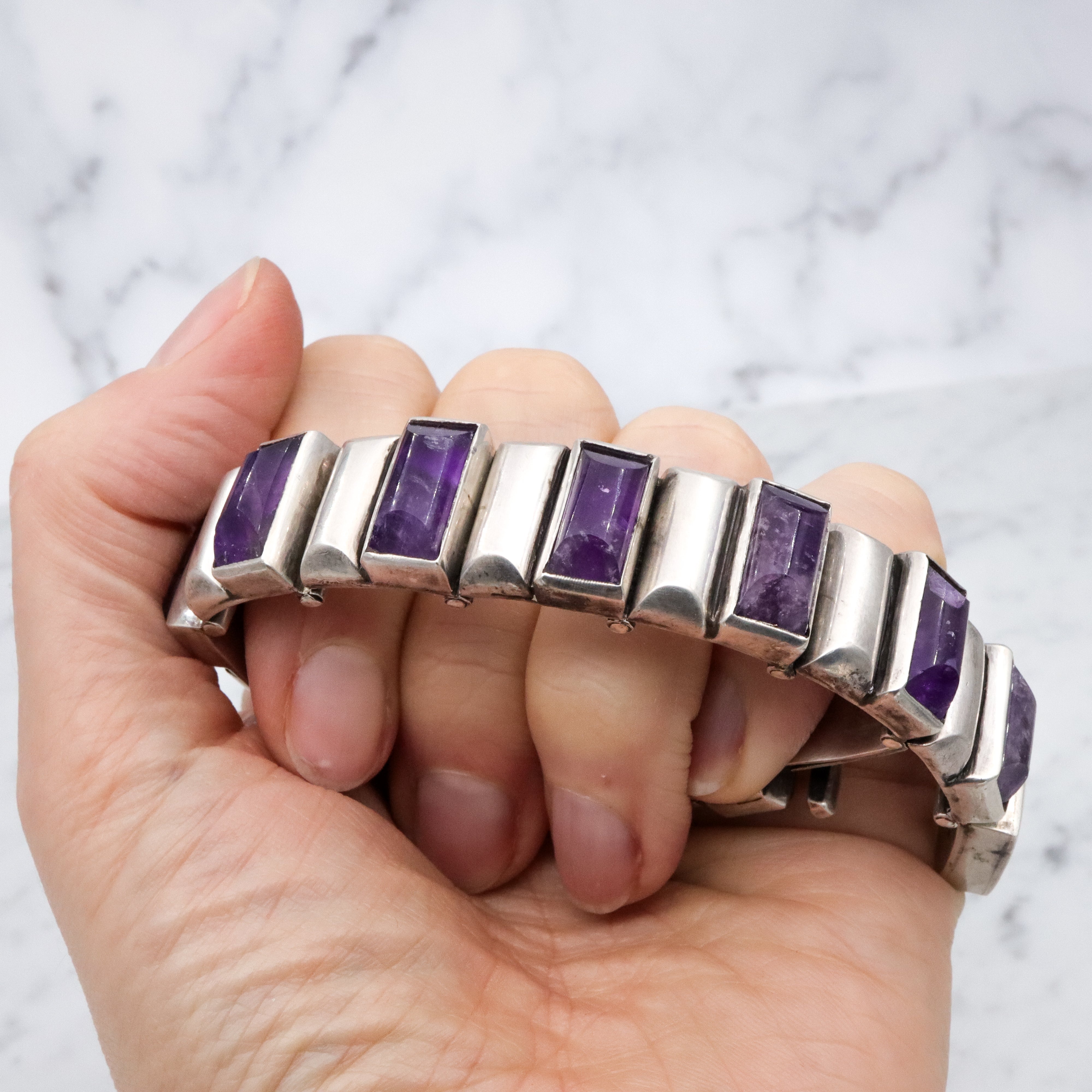 Exceptional Antonio Pineda Mid Century sterling & amethyst block link bracelet