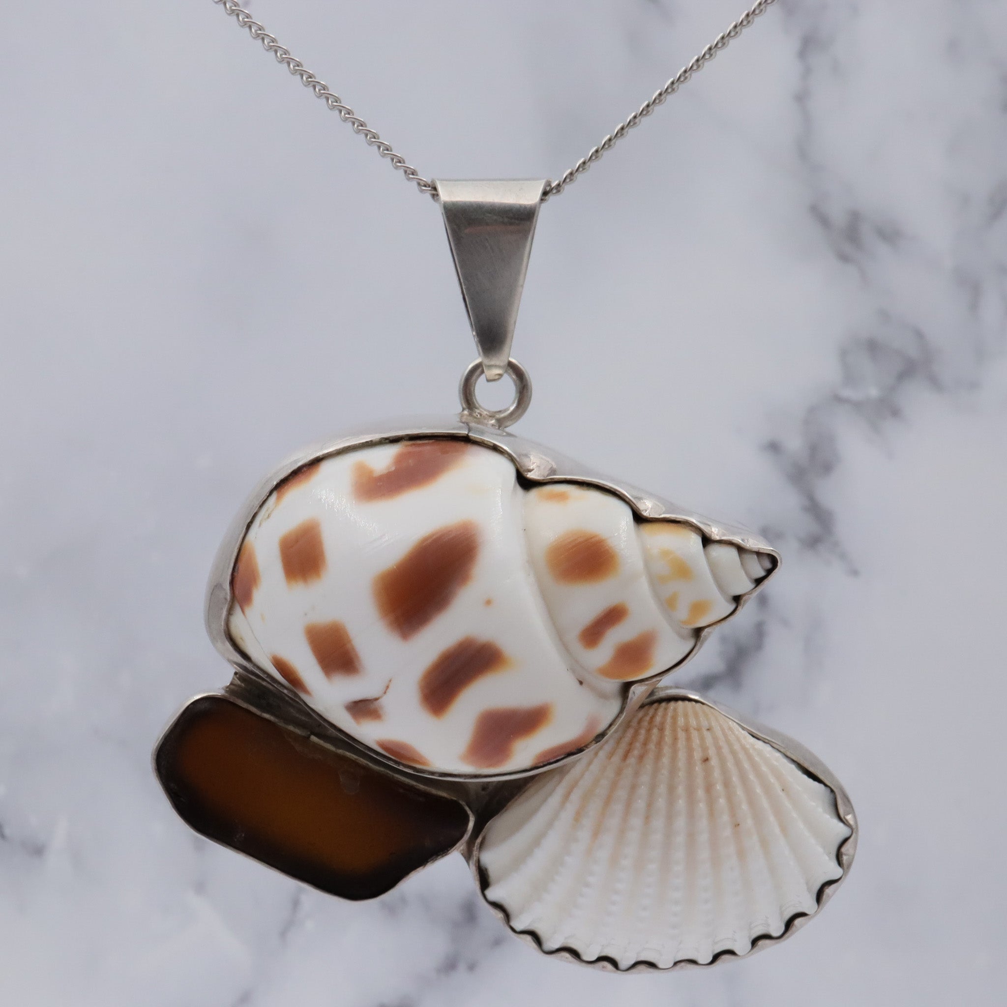 Vintage Charles Albert fine sterling framed real seashell and sea glass pendant