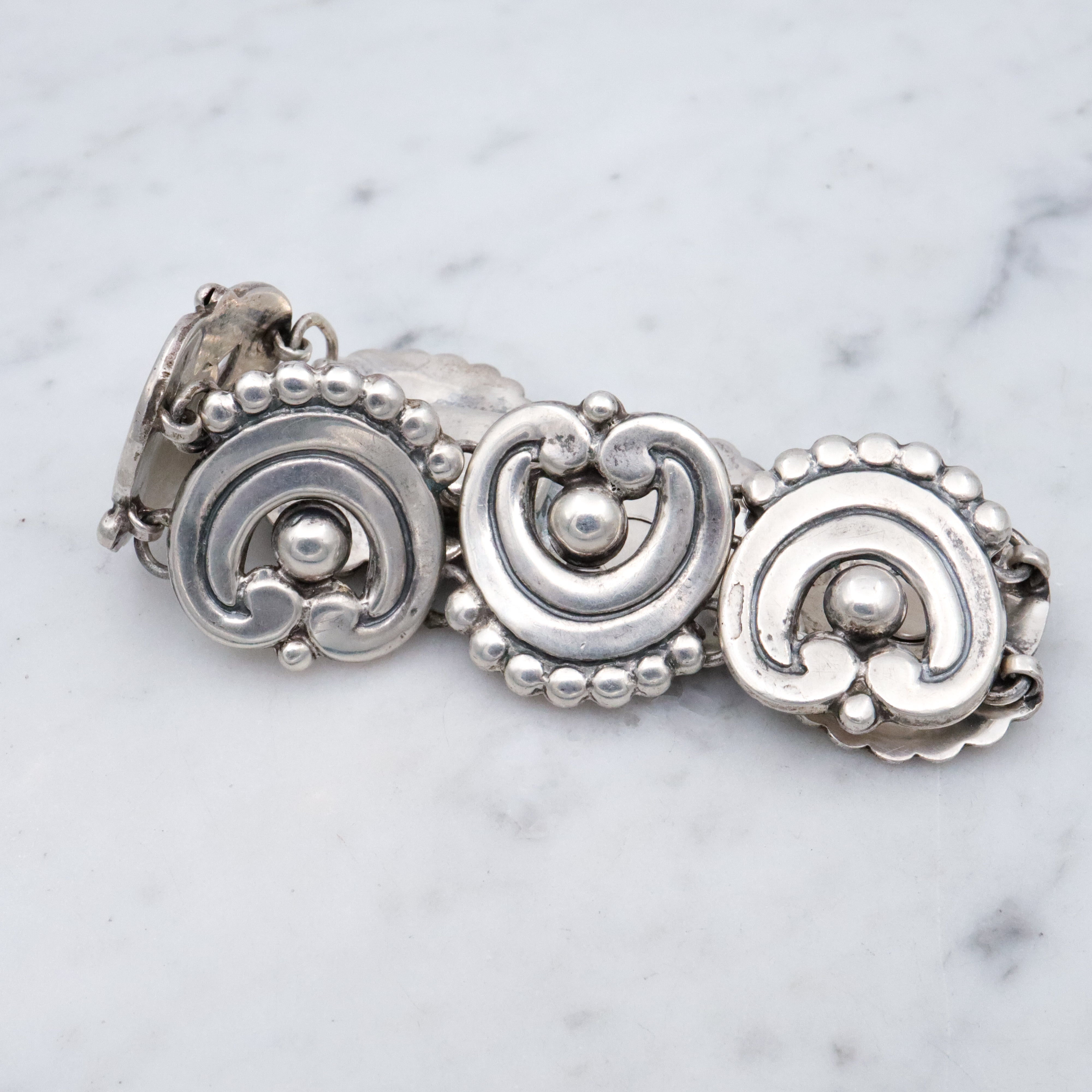 Mid Century Mexican sterling Los Castillo style scroll link bracelet