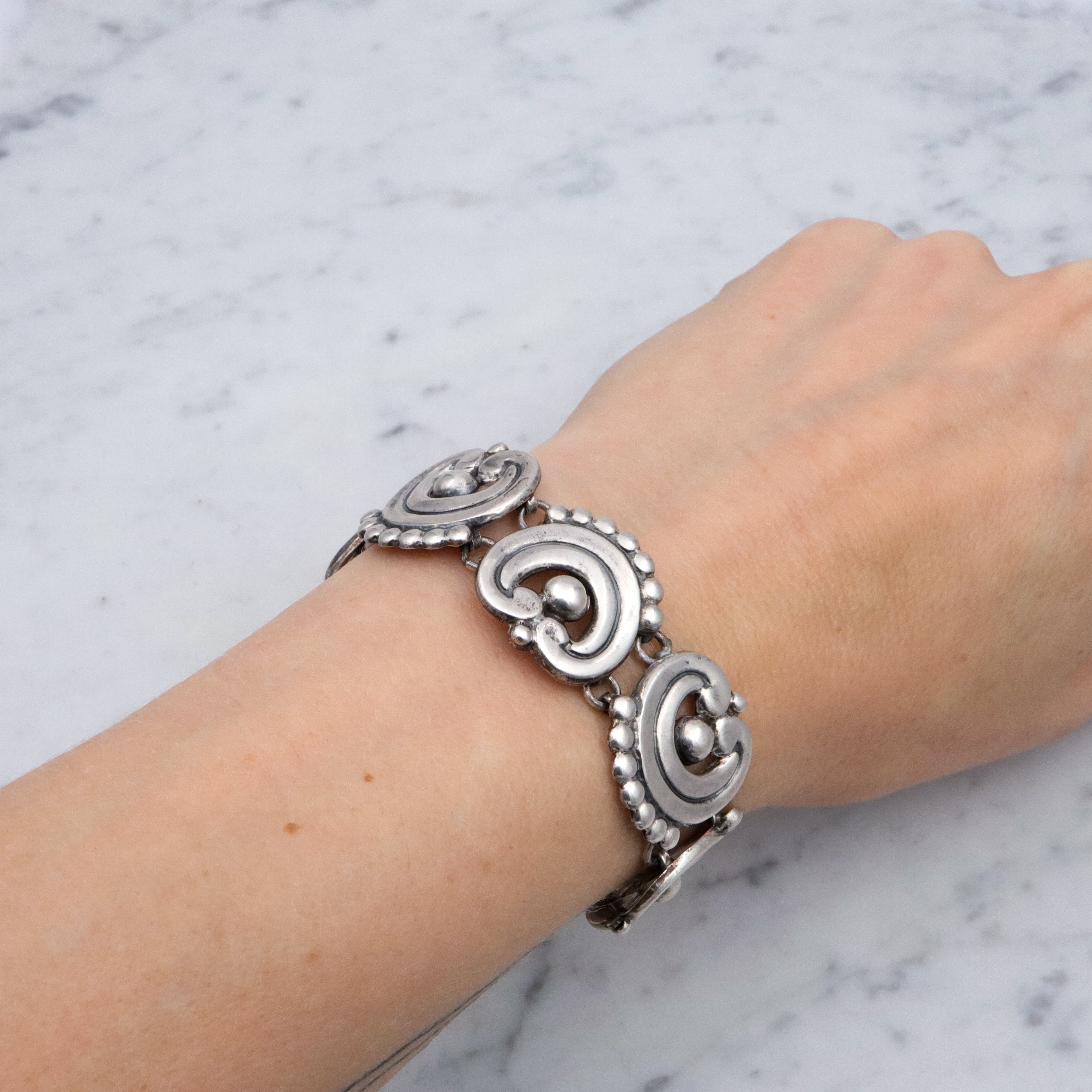 Mid Century Mexican sterling Los Castillo style scroll link bracelet