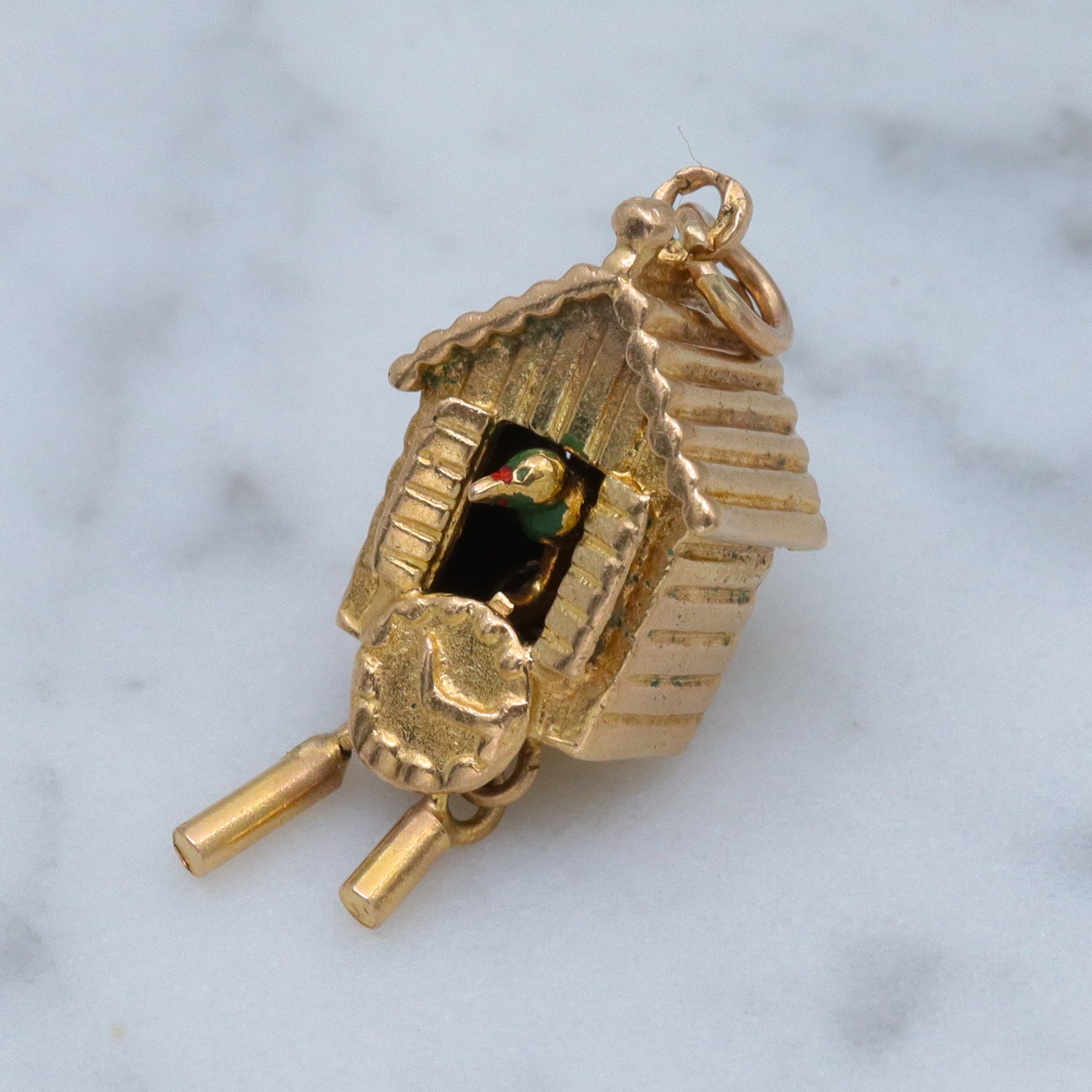 Vintage English 9k gold moving painted cuckoo clock charm pendant