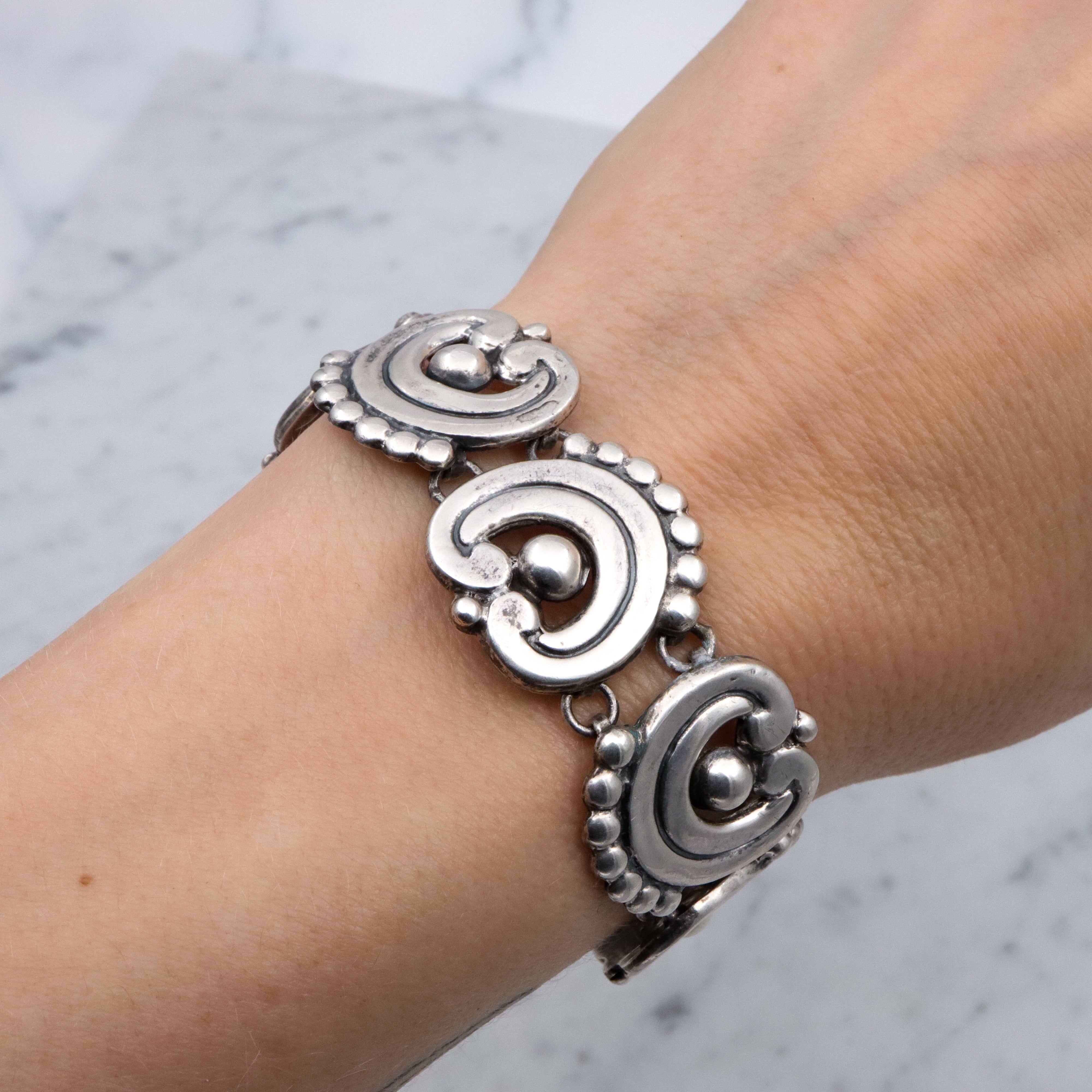 Mid Century Mexican sterling Los Castillo style scroll link bracelet