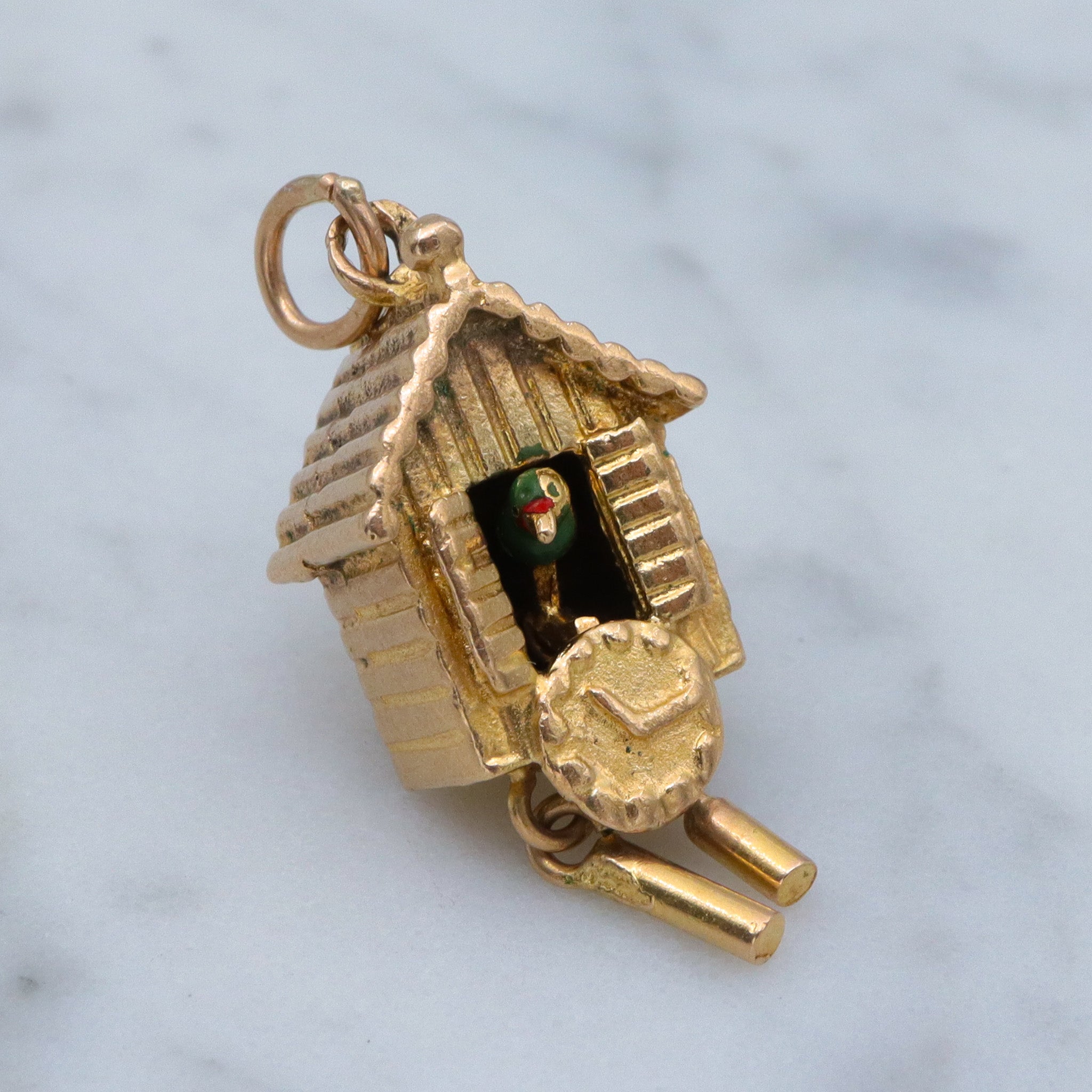 Vintage English 9k gold moving painted cuckoo clock charm pendant