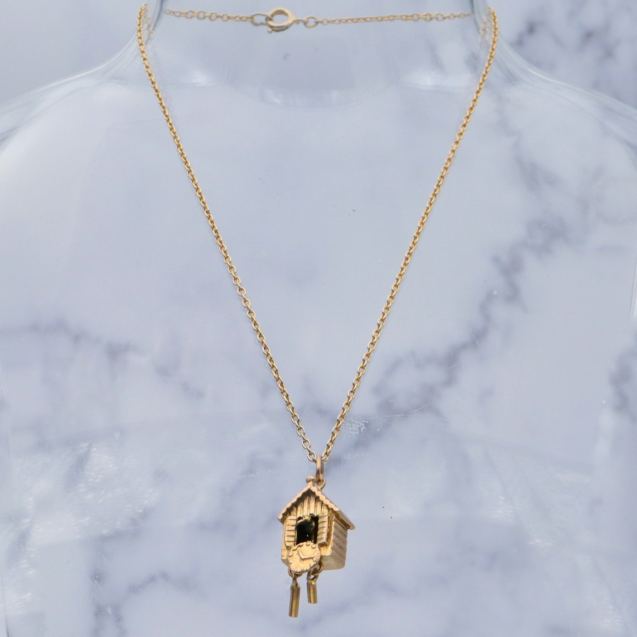 Vintage English 9k gold moving painted cuckoo clock charm pendant