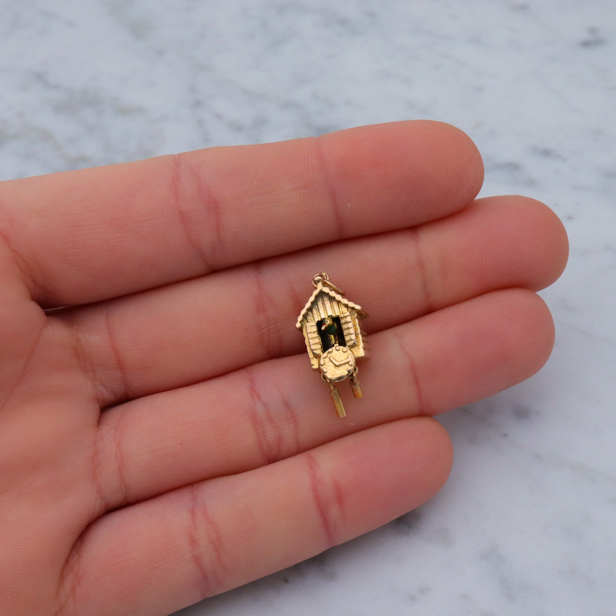 Vintage English 9k gold moving painted cuckoo clock charm pendant
