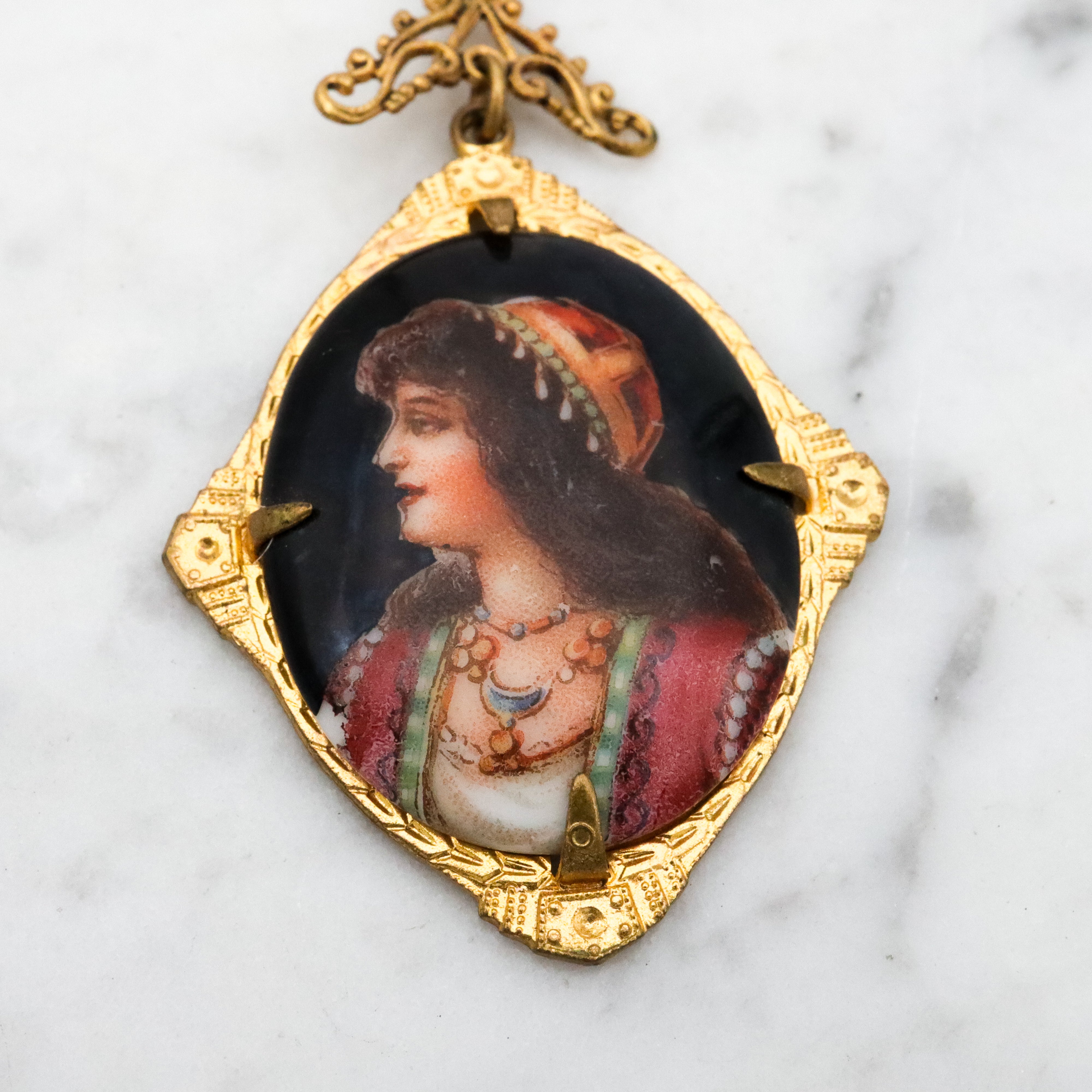 Antique Deco Czech porcelain portrait gilt metal pendant necklace
