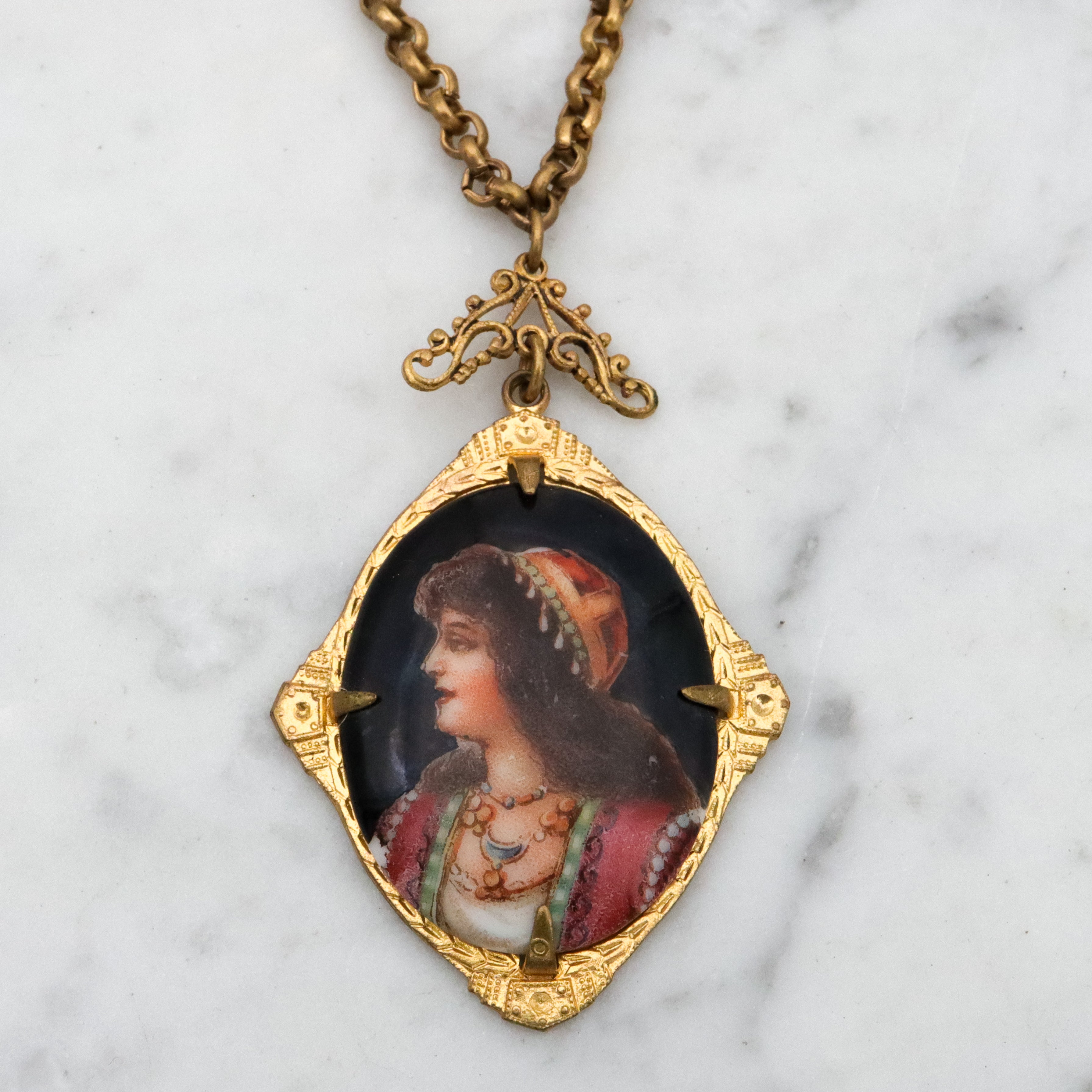 Antique Deco Czech porcelain portrait gilt metal pendant necklace
