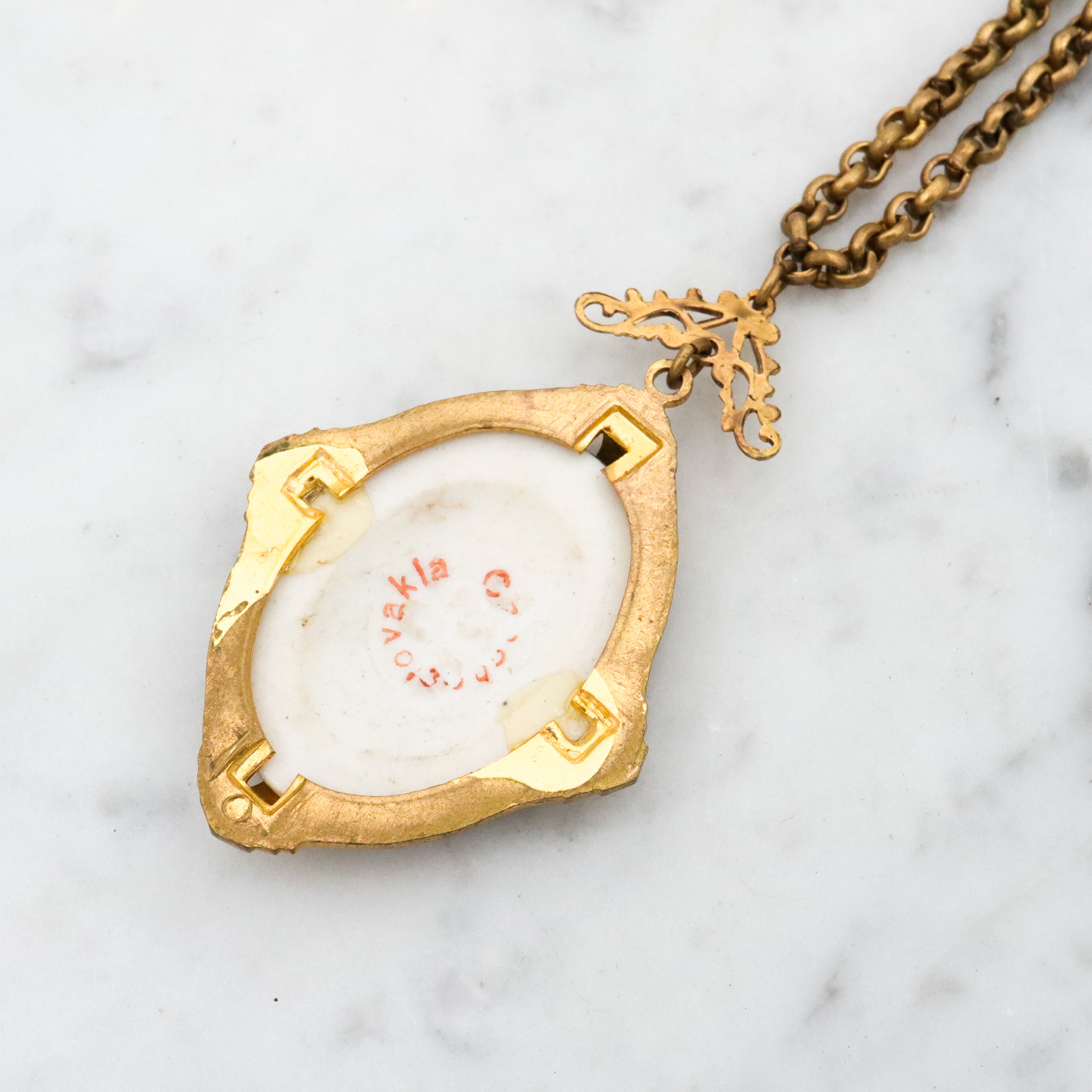 Antique Deco Czech porcelain portrait gilt metal pendant necklace