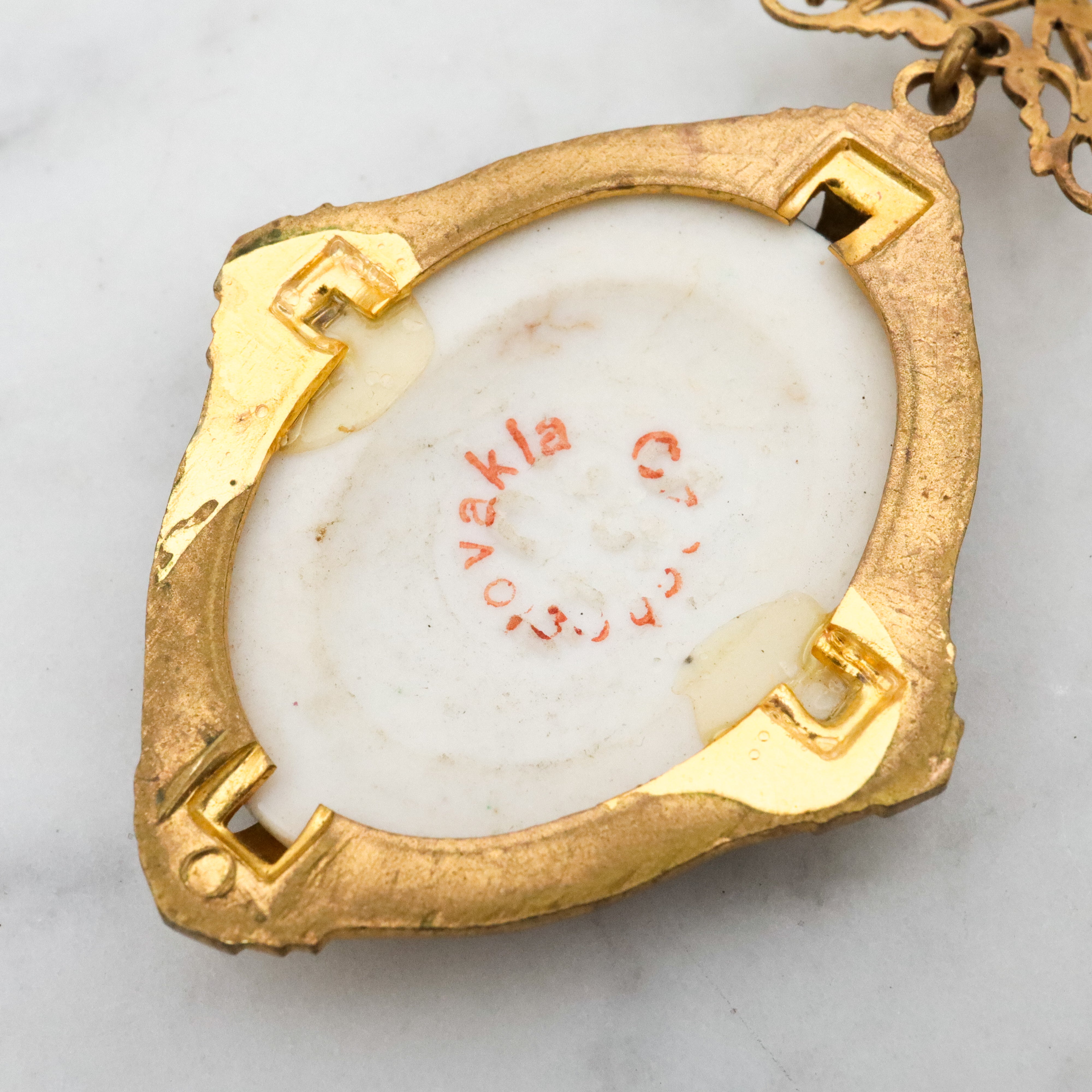 Antique Deco Czech porcelain portrait gilt metal pendant necklace