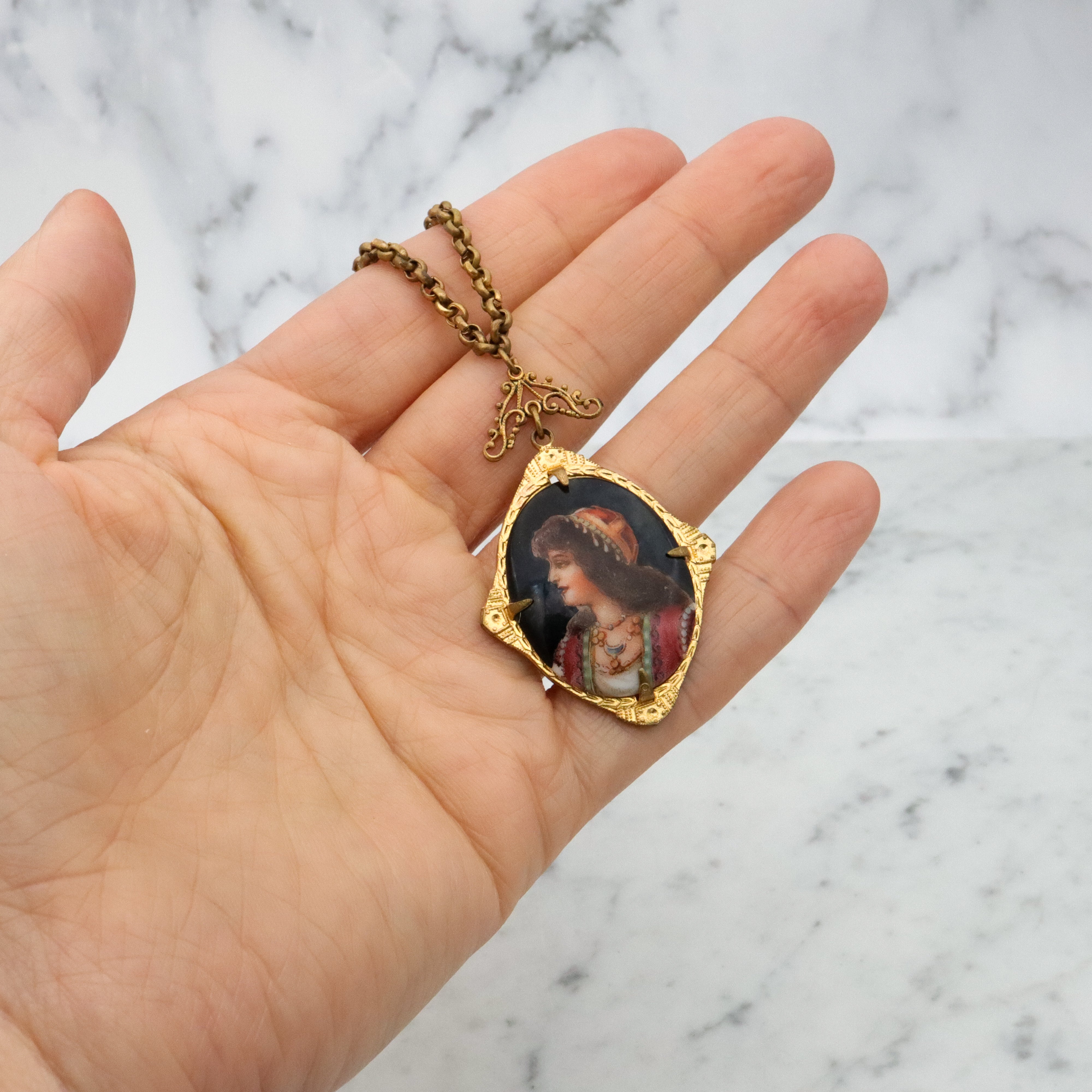 Antique Deco Czech porcelain portrait gilt metal pendant necklace