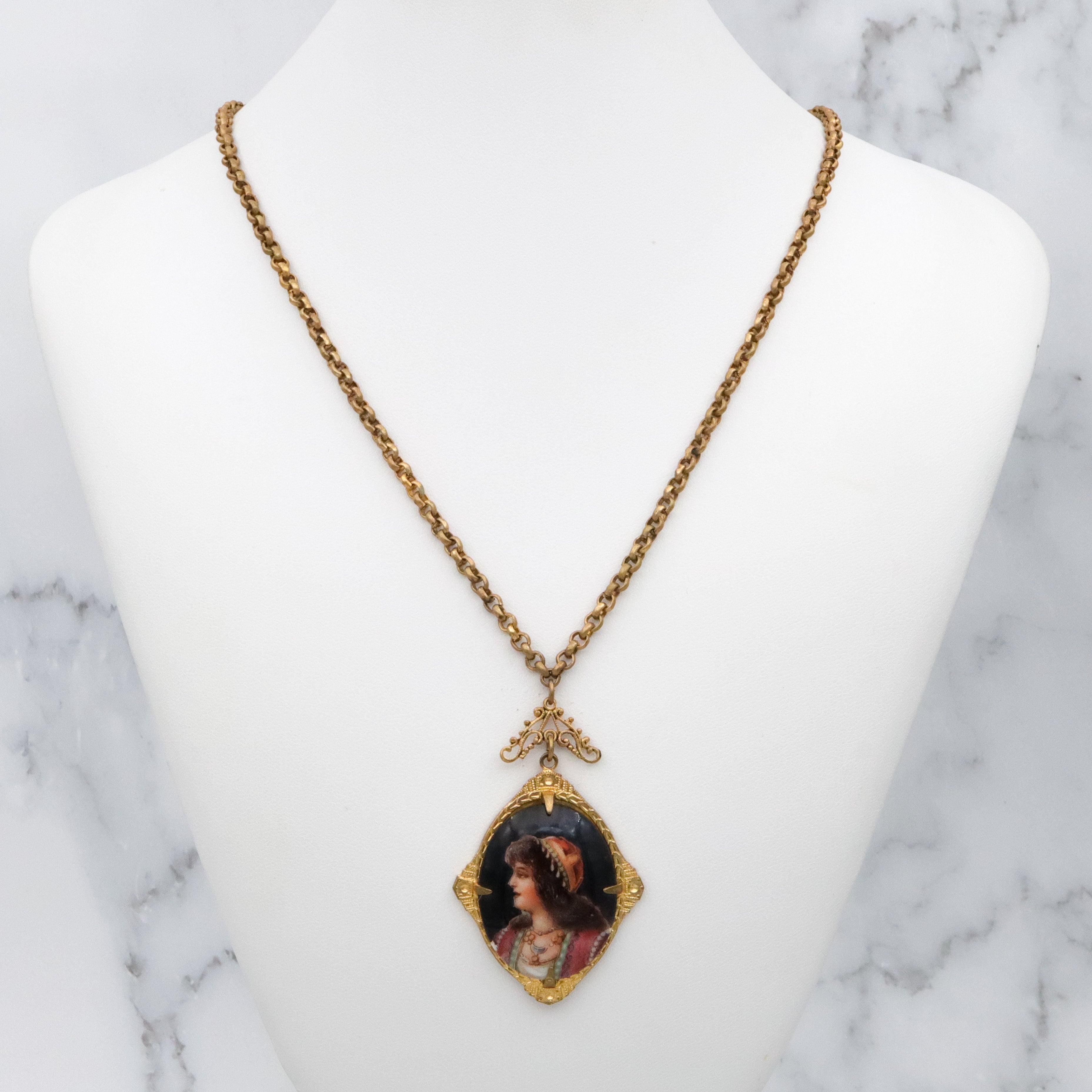 Antique Deco Czech porcelain portrait gilt metal pendant necklace