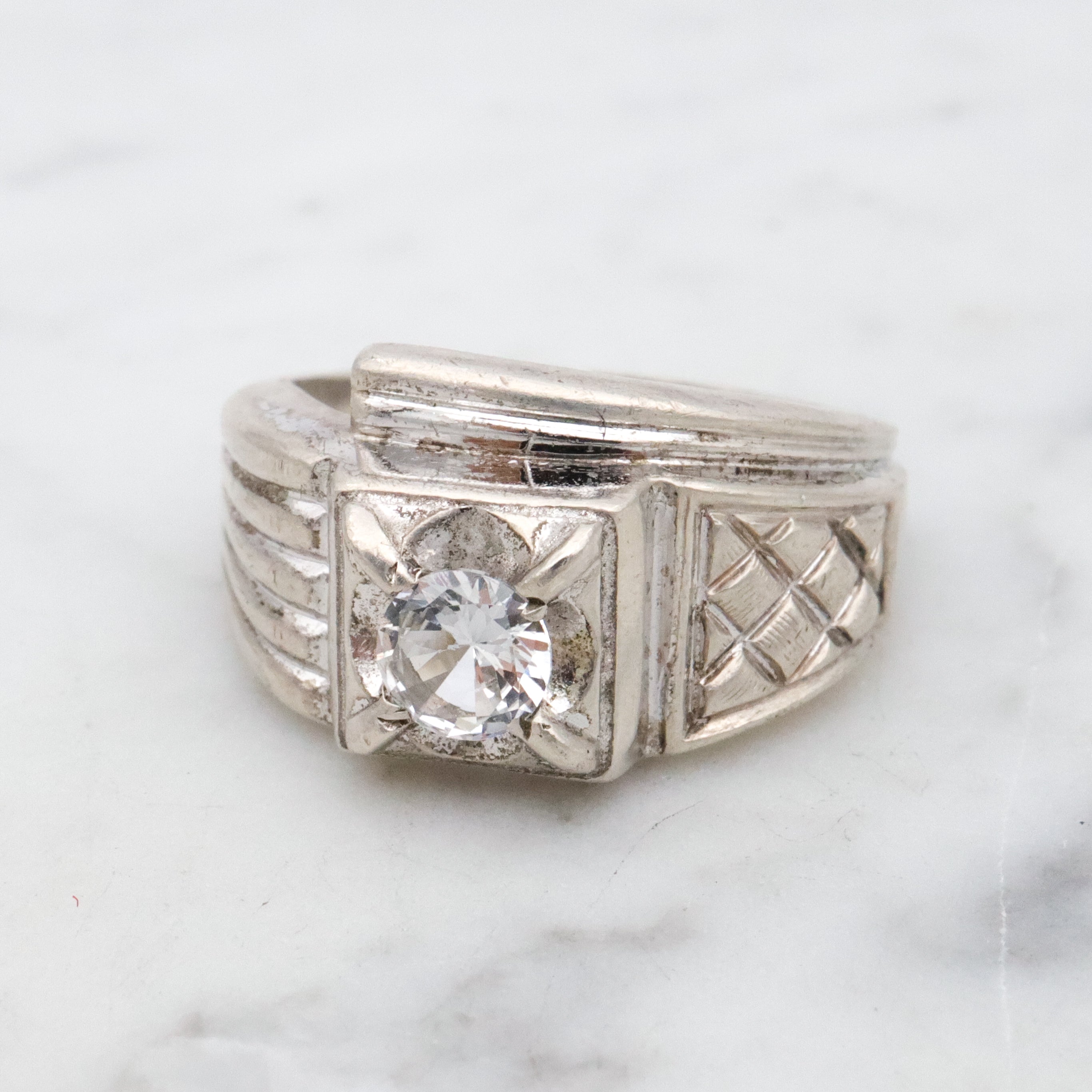 Uncas Art Deco rhodium plated sterling quartz asymmetrical ring, size 8.5