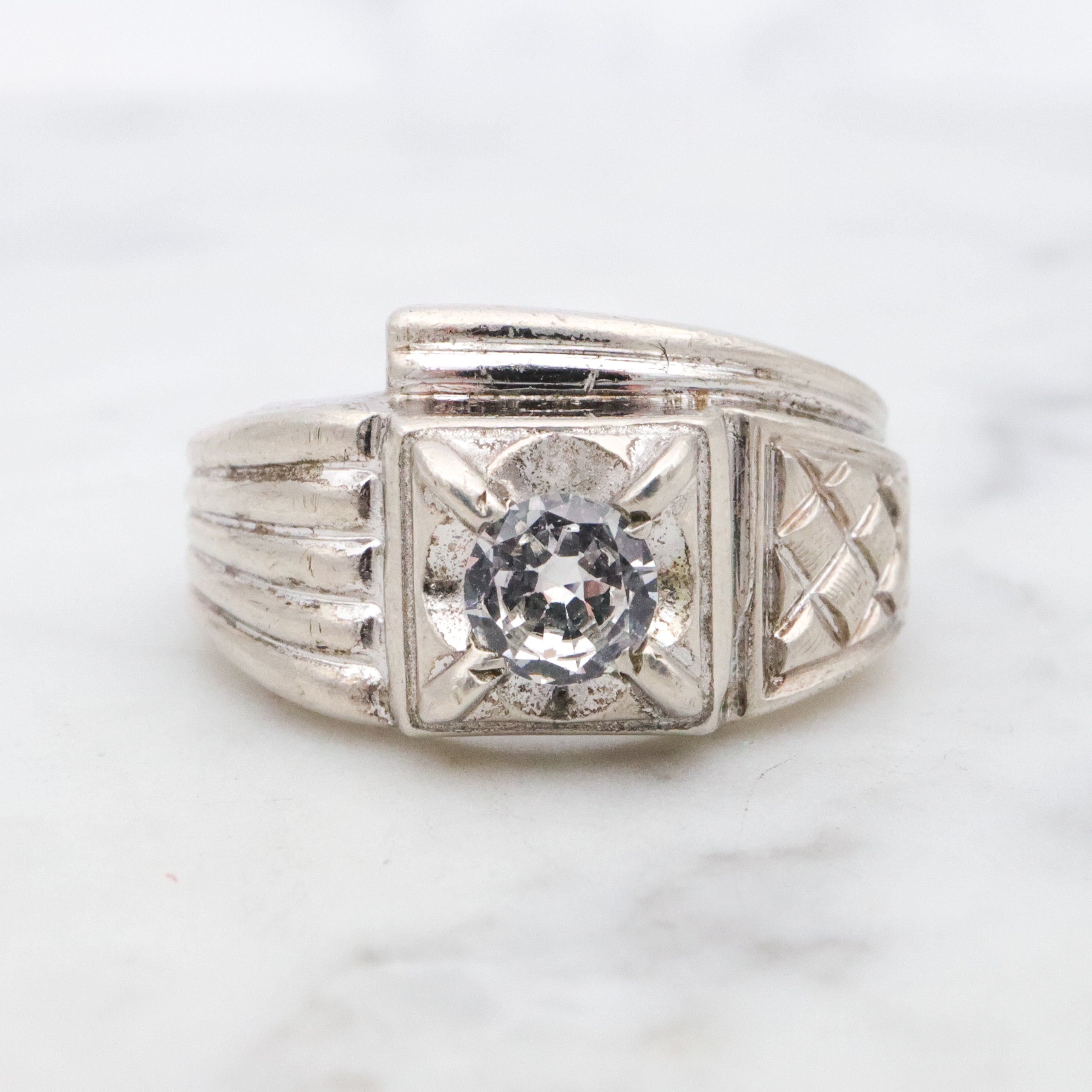 Uncas Art Deco rhodium plated sterling quartz asymmetrical ring, size 8.5