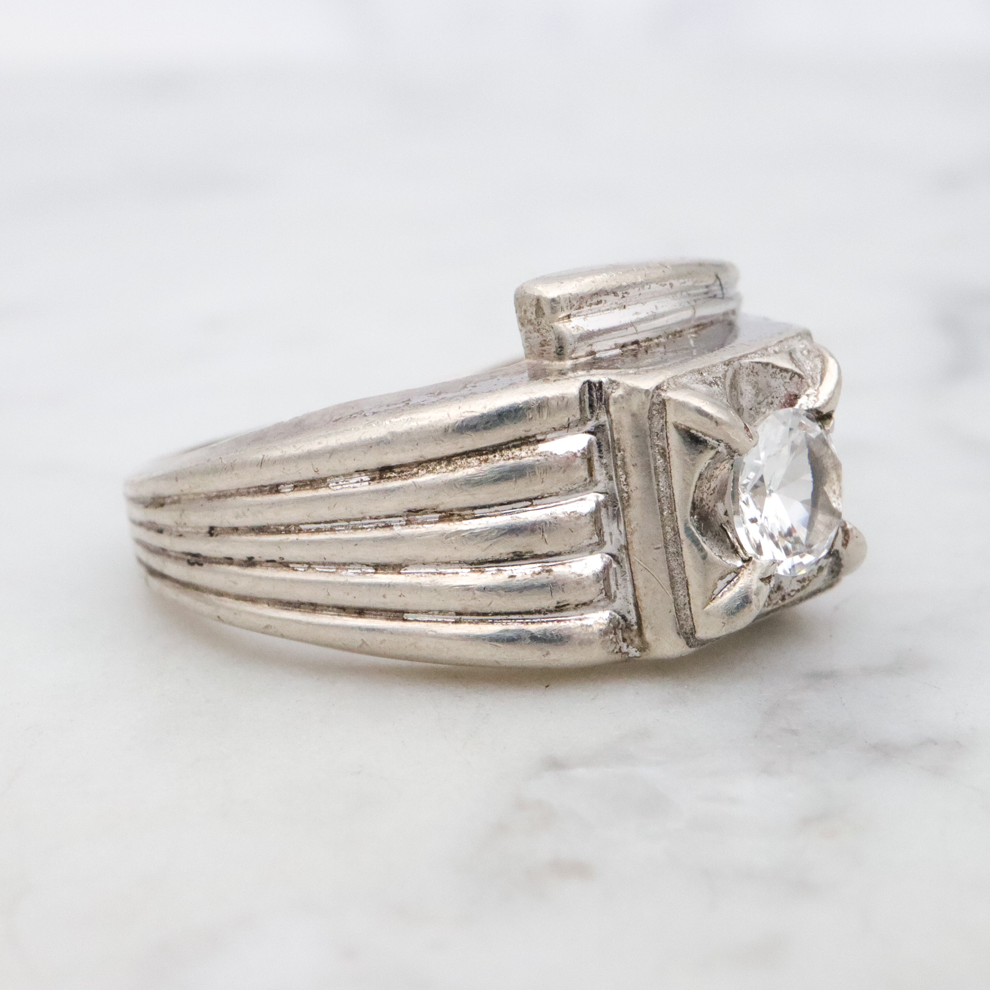 Uncas Art Deco rhodium plated sterling quartz asymmetrical ring, size 8.5