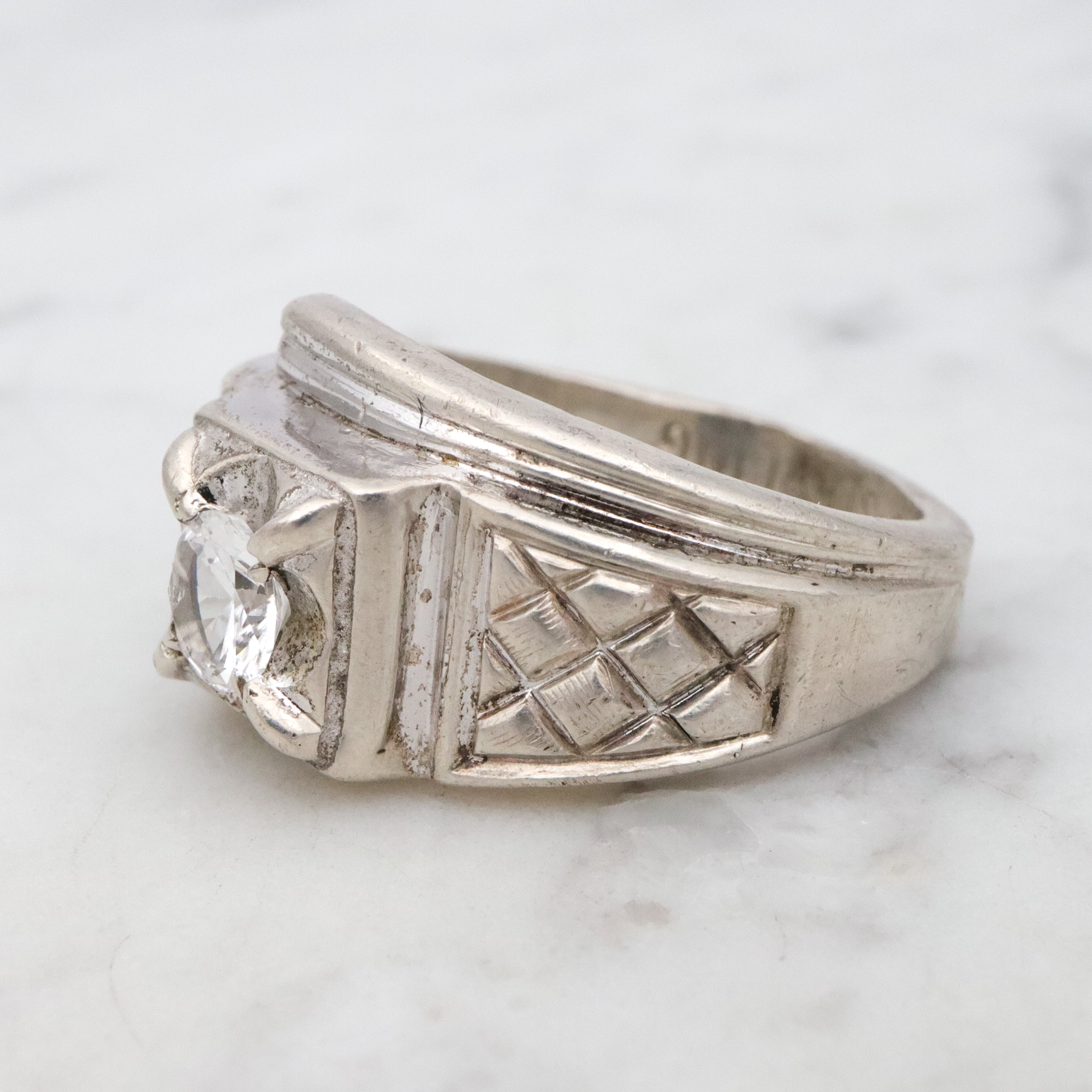 Uncas Art Deco rhodium plated sterling quartz asymmetrical ring, size 8.5