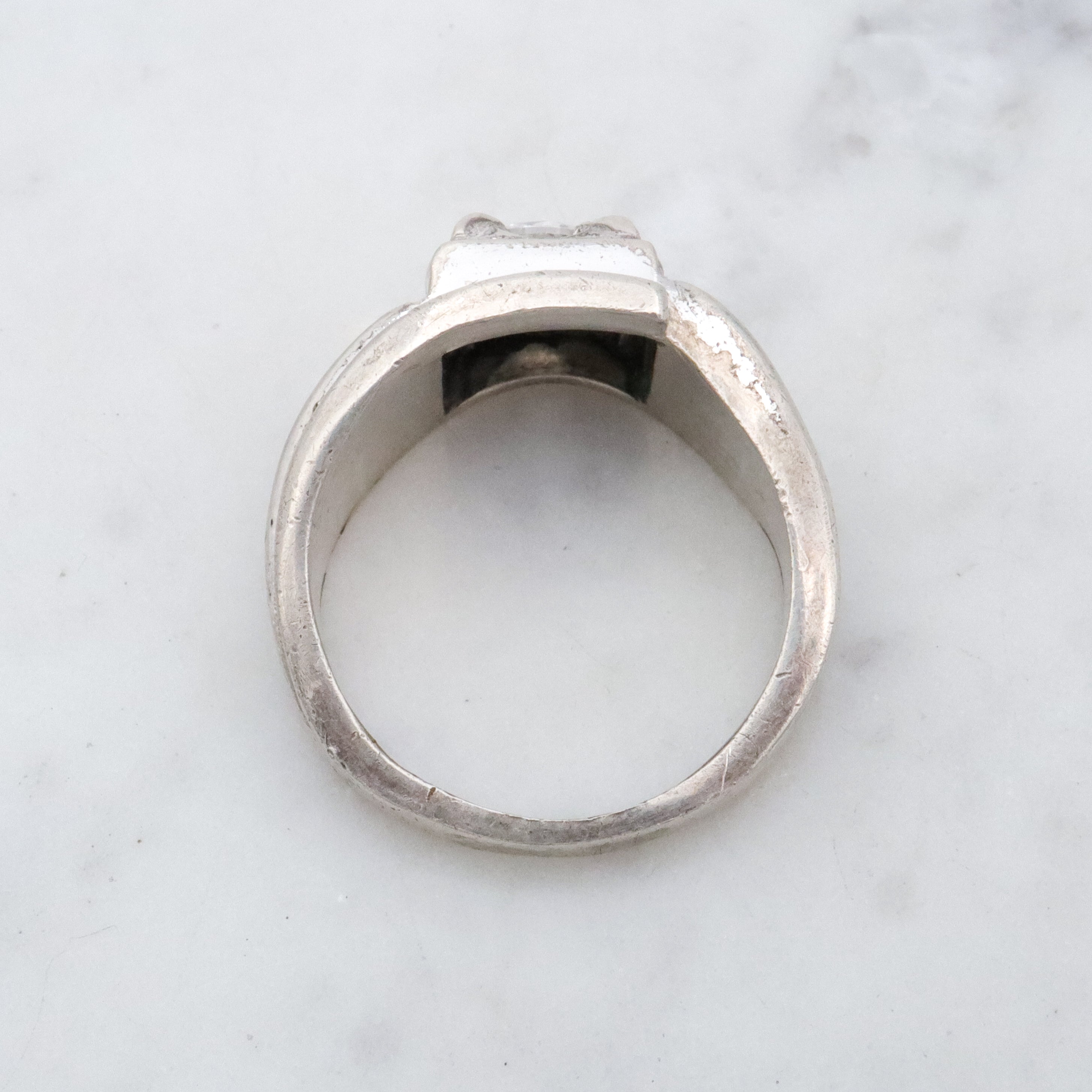 Uncas Art Deco rhodium plated sterling quartz asymmetrical ring, size 8.5