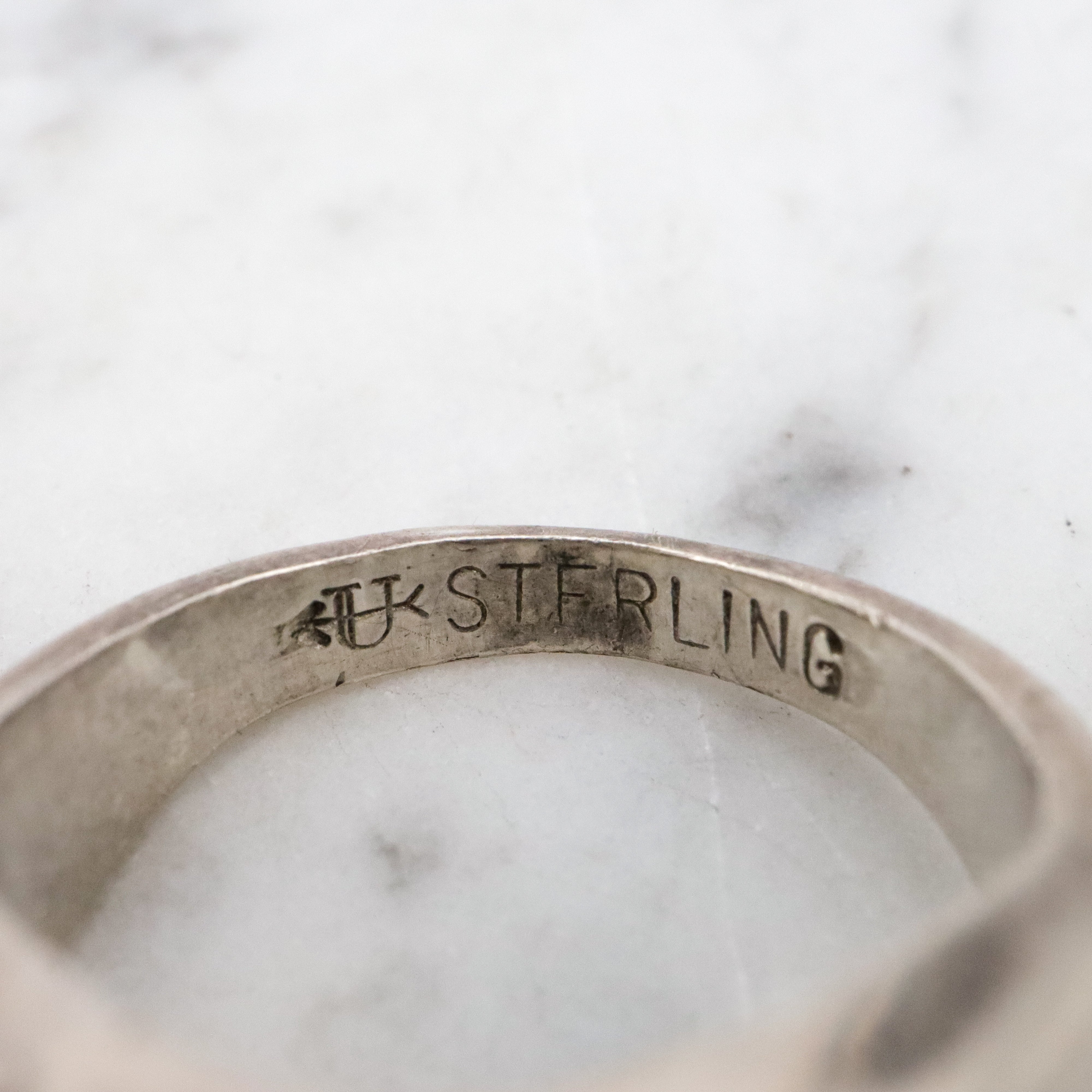 Uncas Art Deco rhodium plated sterling quartz asymmetrical ring, size 8.5