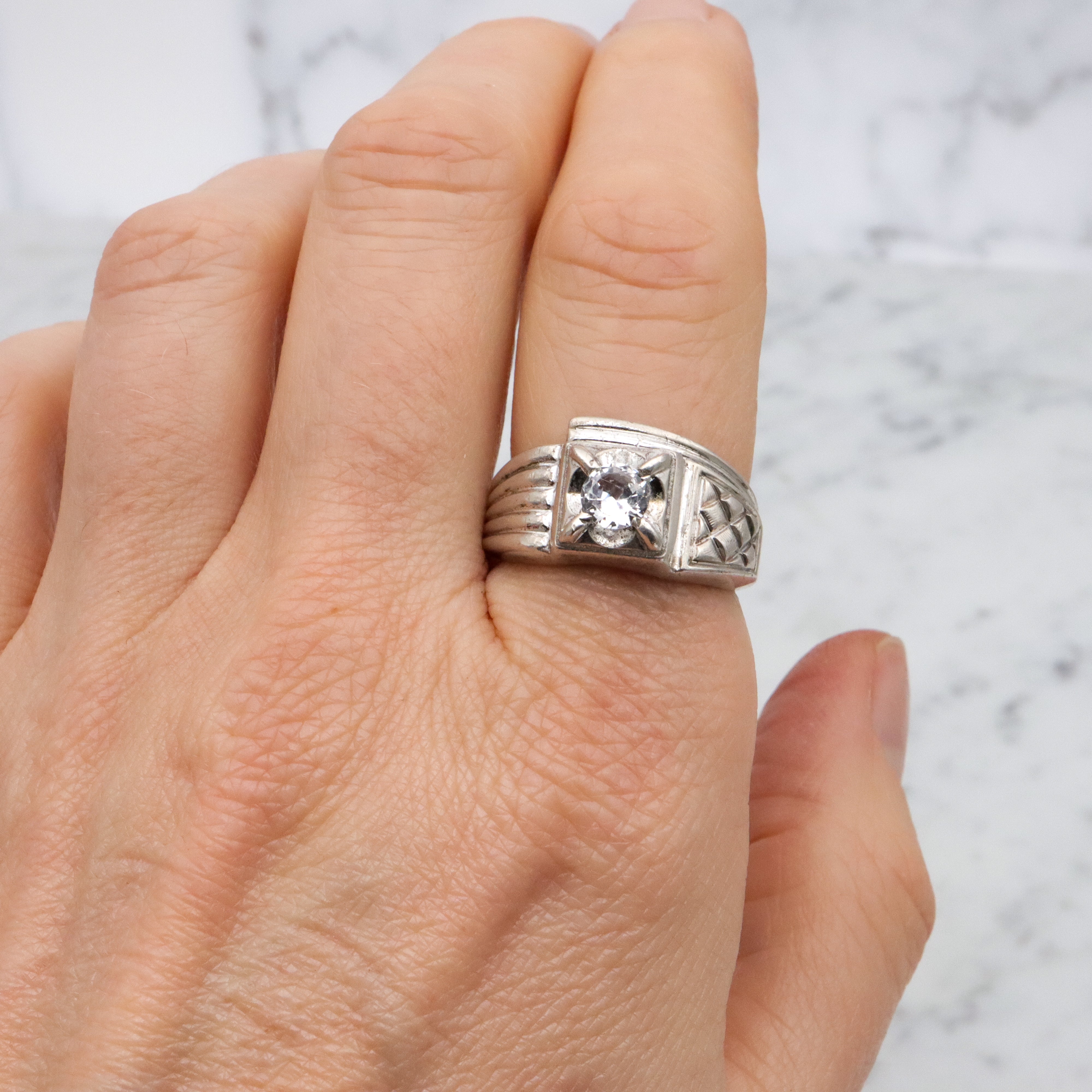 Uncas Art Deco rhodium plated sterling quartz asymmetrical ring, size 8.5