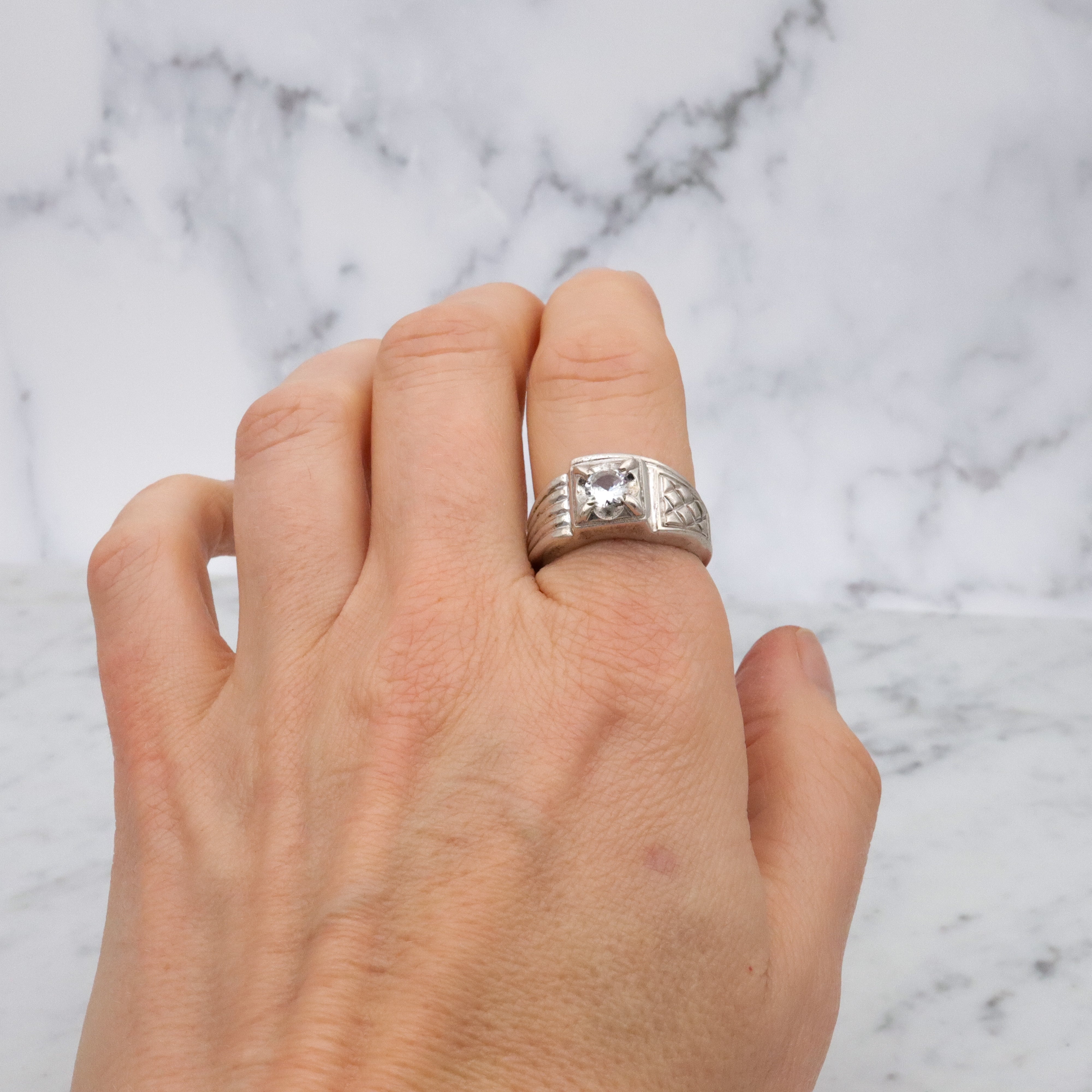 Uncas Art Deco rhodium plated sterling quartz asymmetrical ring, size 8.5