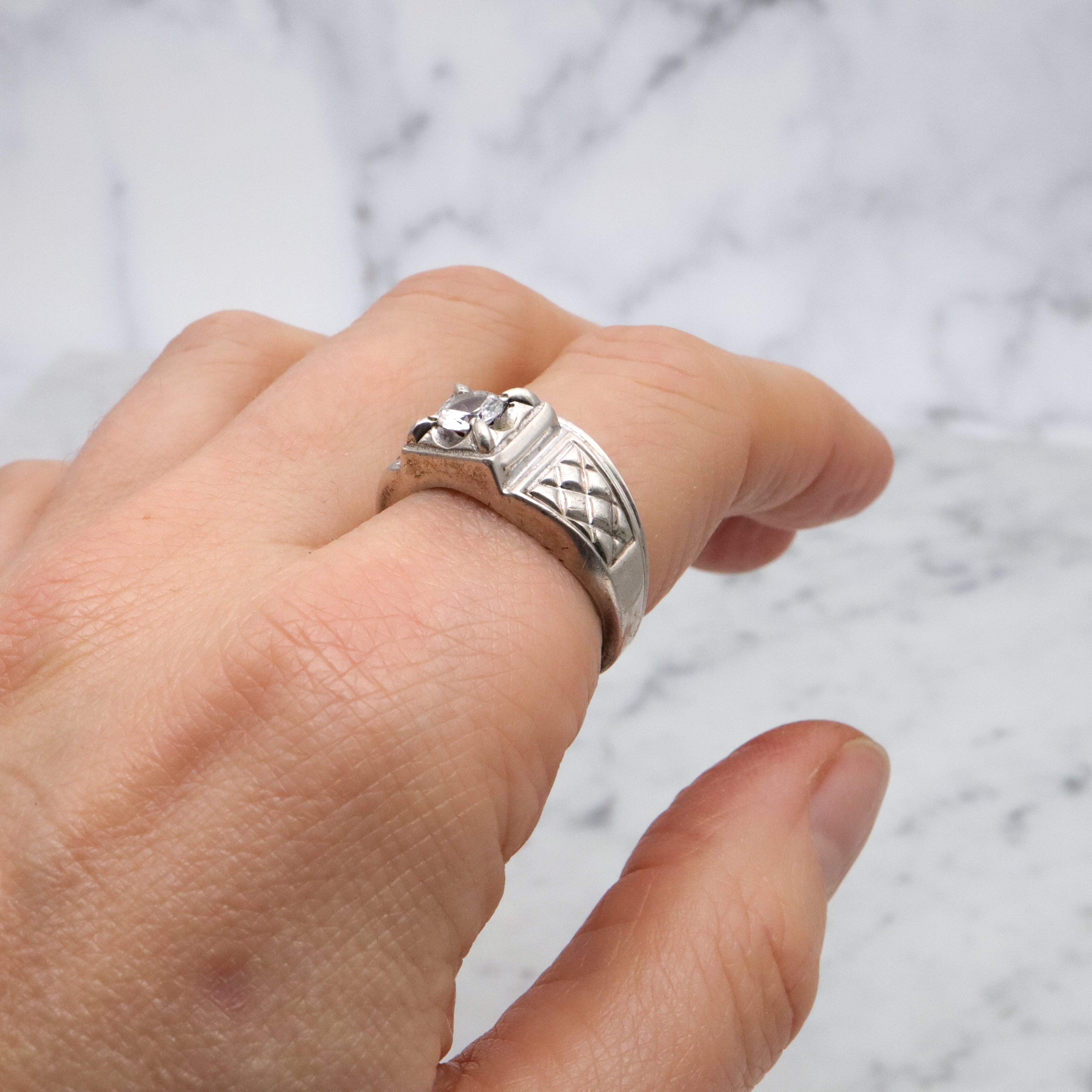 Uncas Art Deco rhodium plated sterling quartz asymmetrical ring, size 8.5