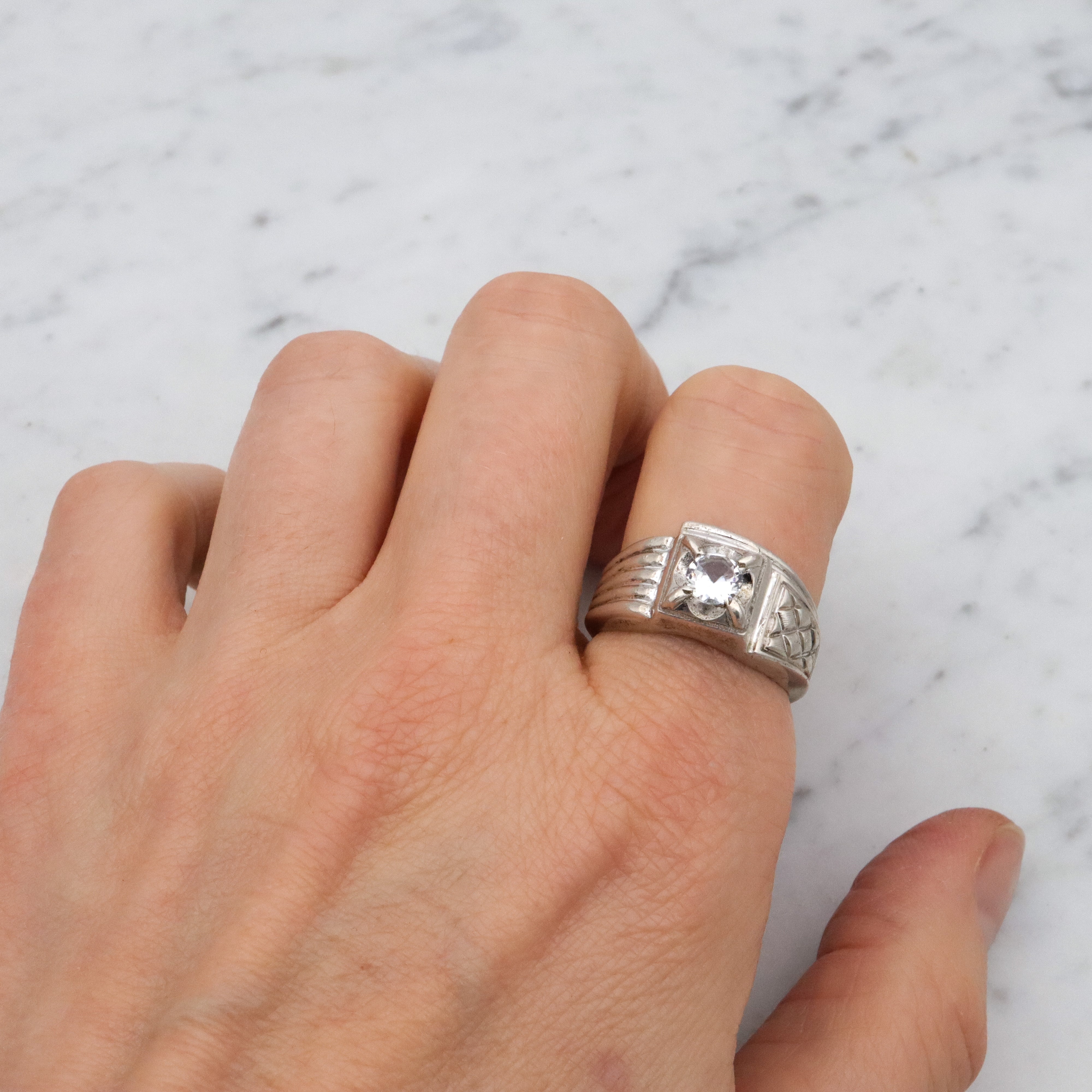 Uncas Art Deco rhodium plated sterling quartz asymmetrical ring, size 8.5