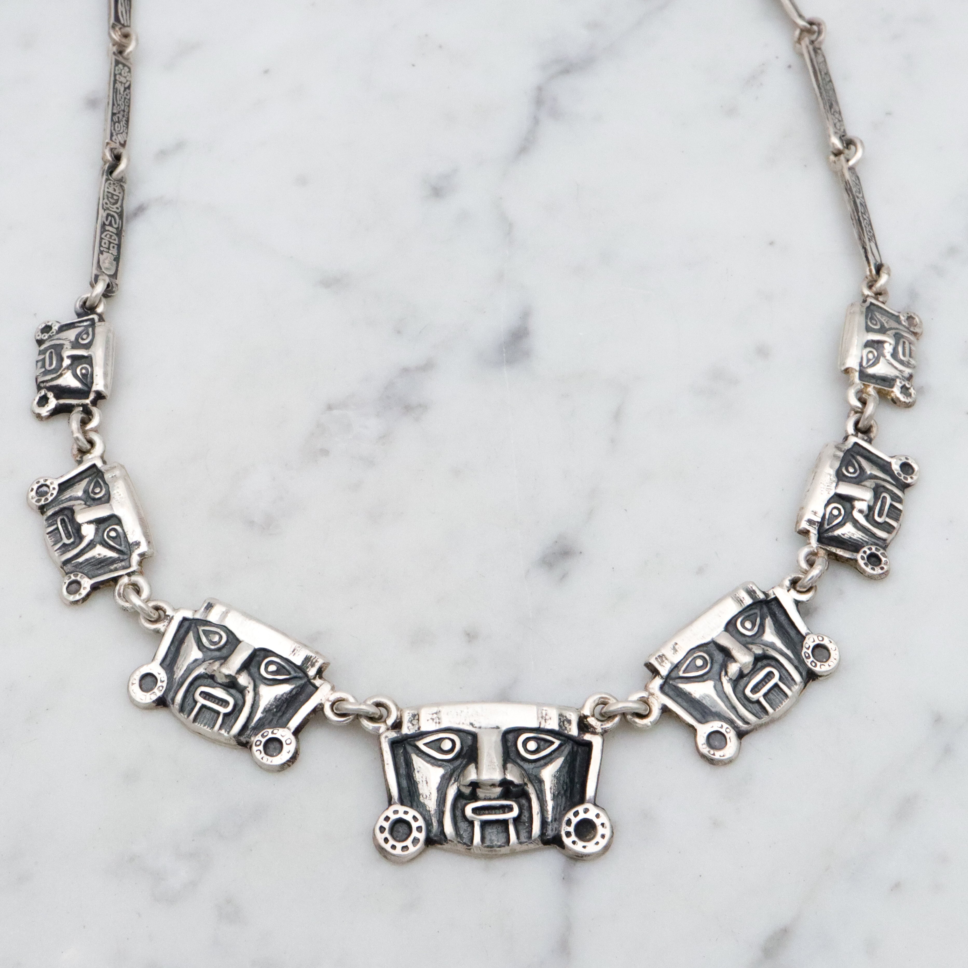 Vintage Mexican sterling Aztec warrior mask link necklace