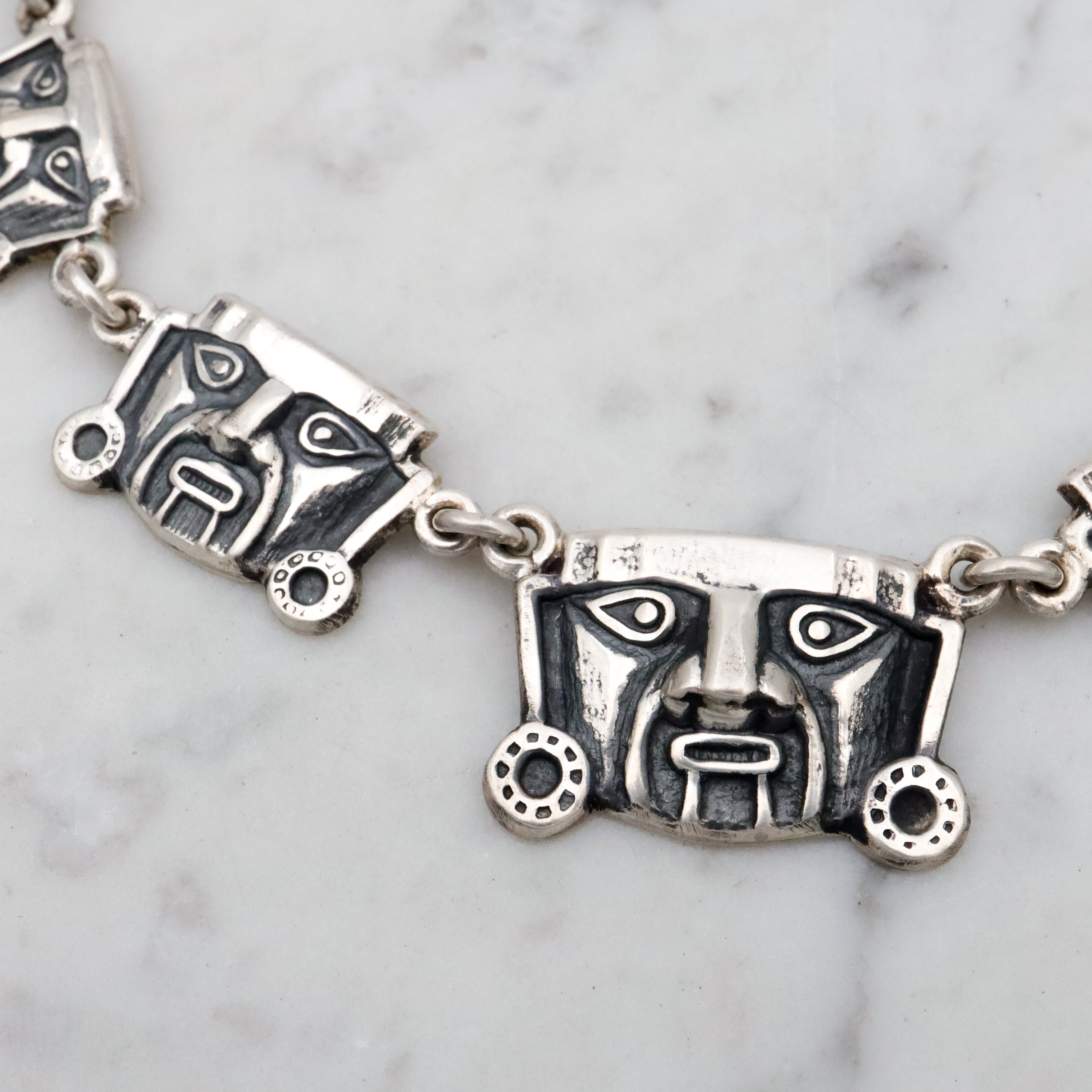 Vintage Mexican sterling Aztec warrior mask link necklace