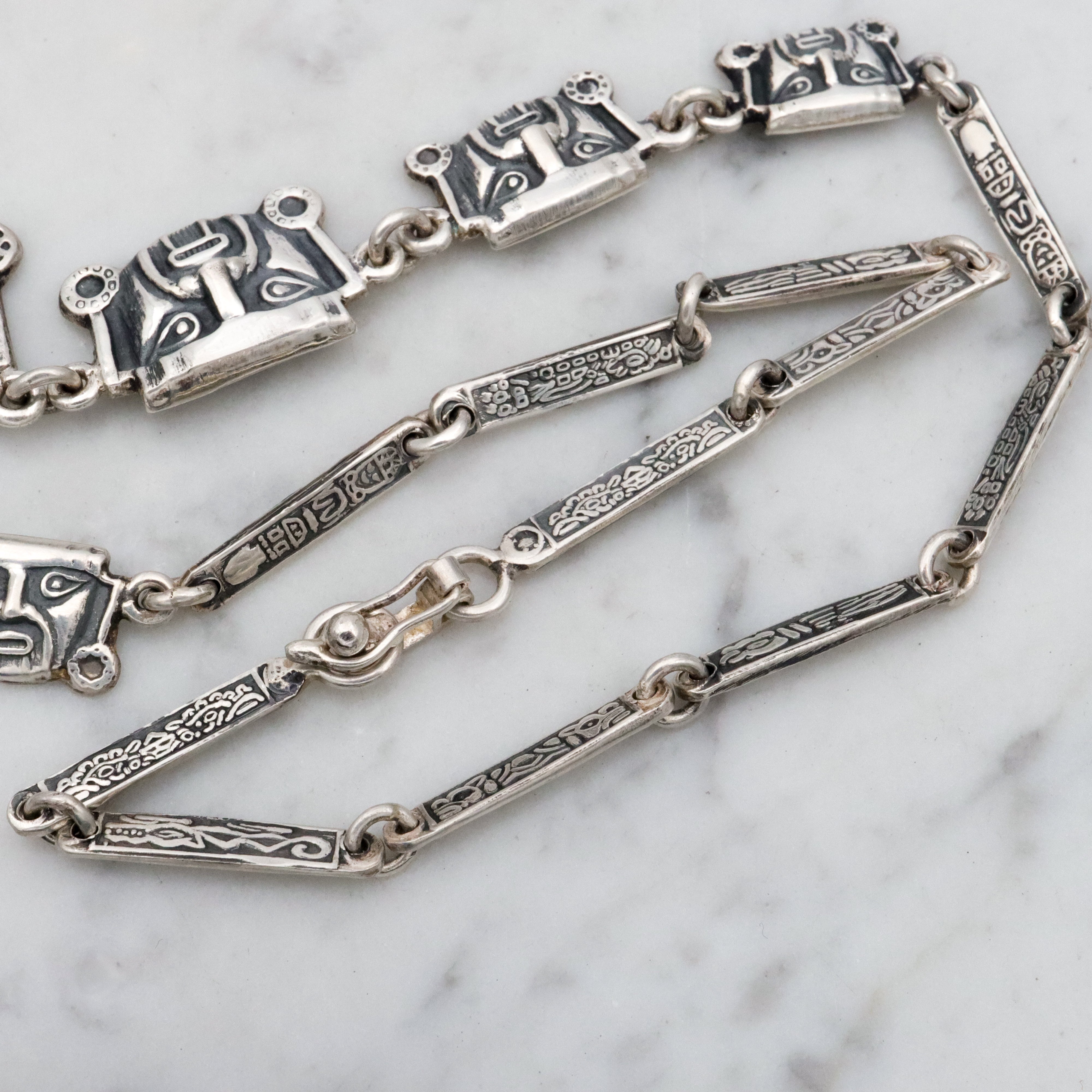 Vintage Mexican sterling Aztec warrior mask link necklace