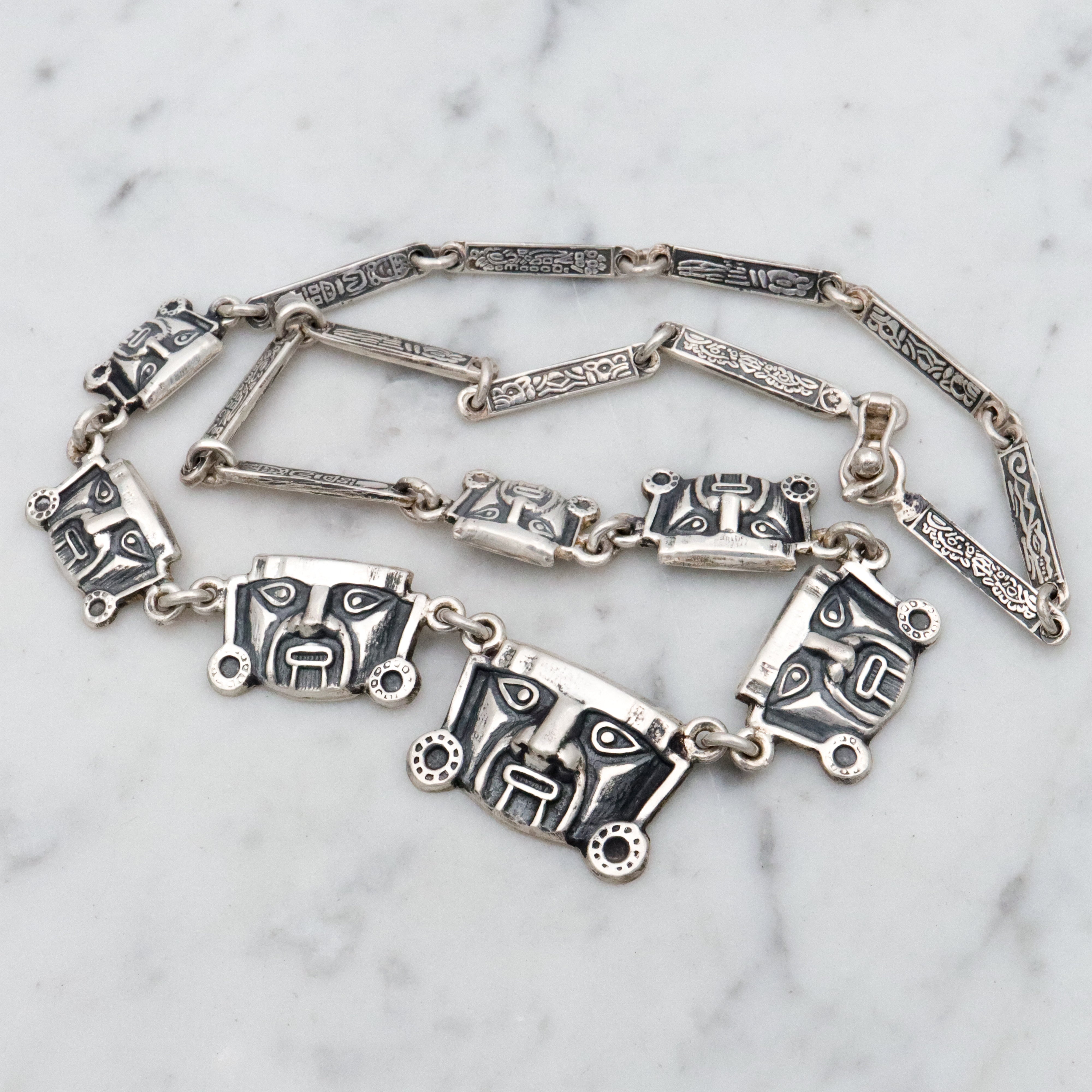 Vintage Mexican sterling Aztec warrior mask link necklace