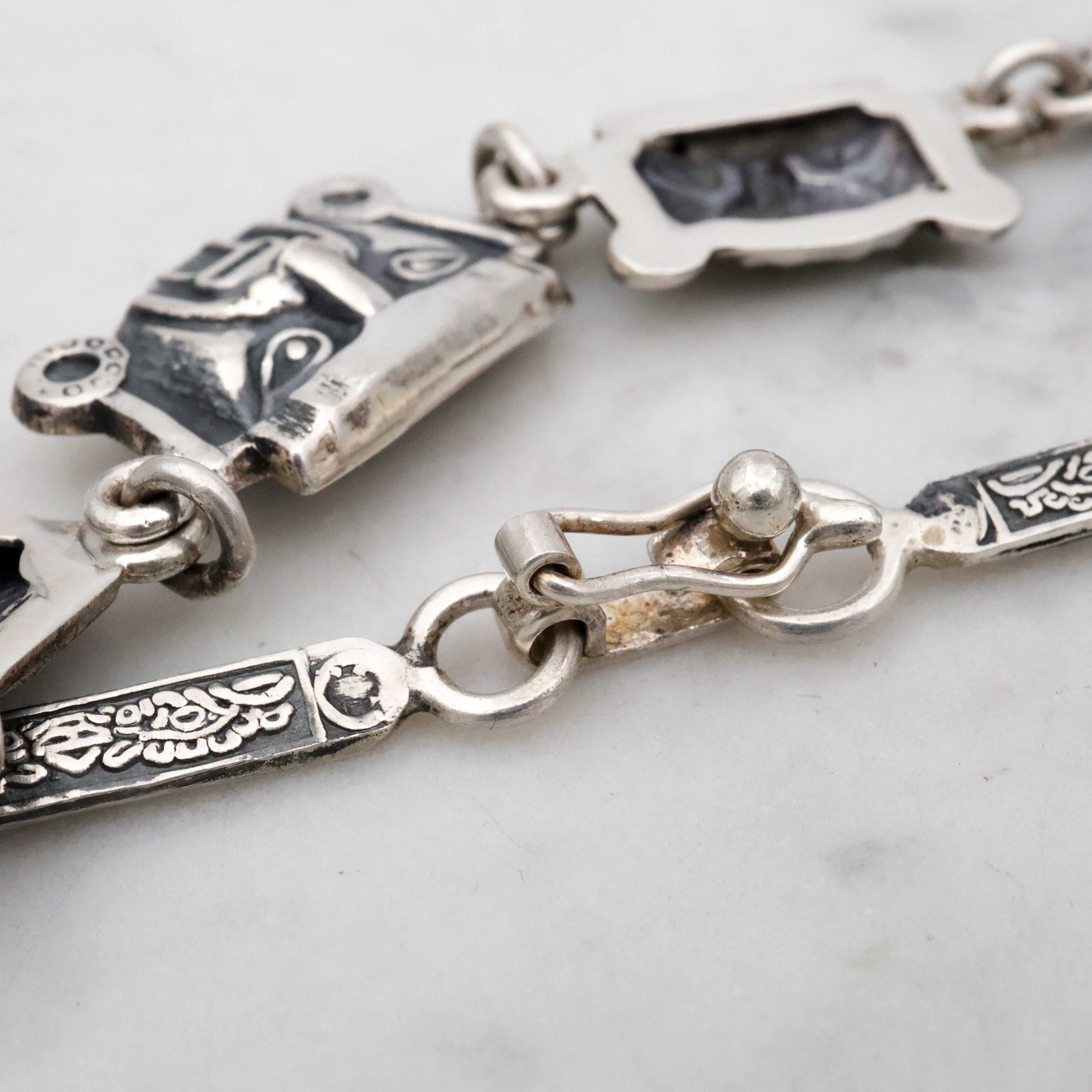 Vintage Mexican sterling Aztec warrior mask link necklace