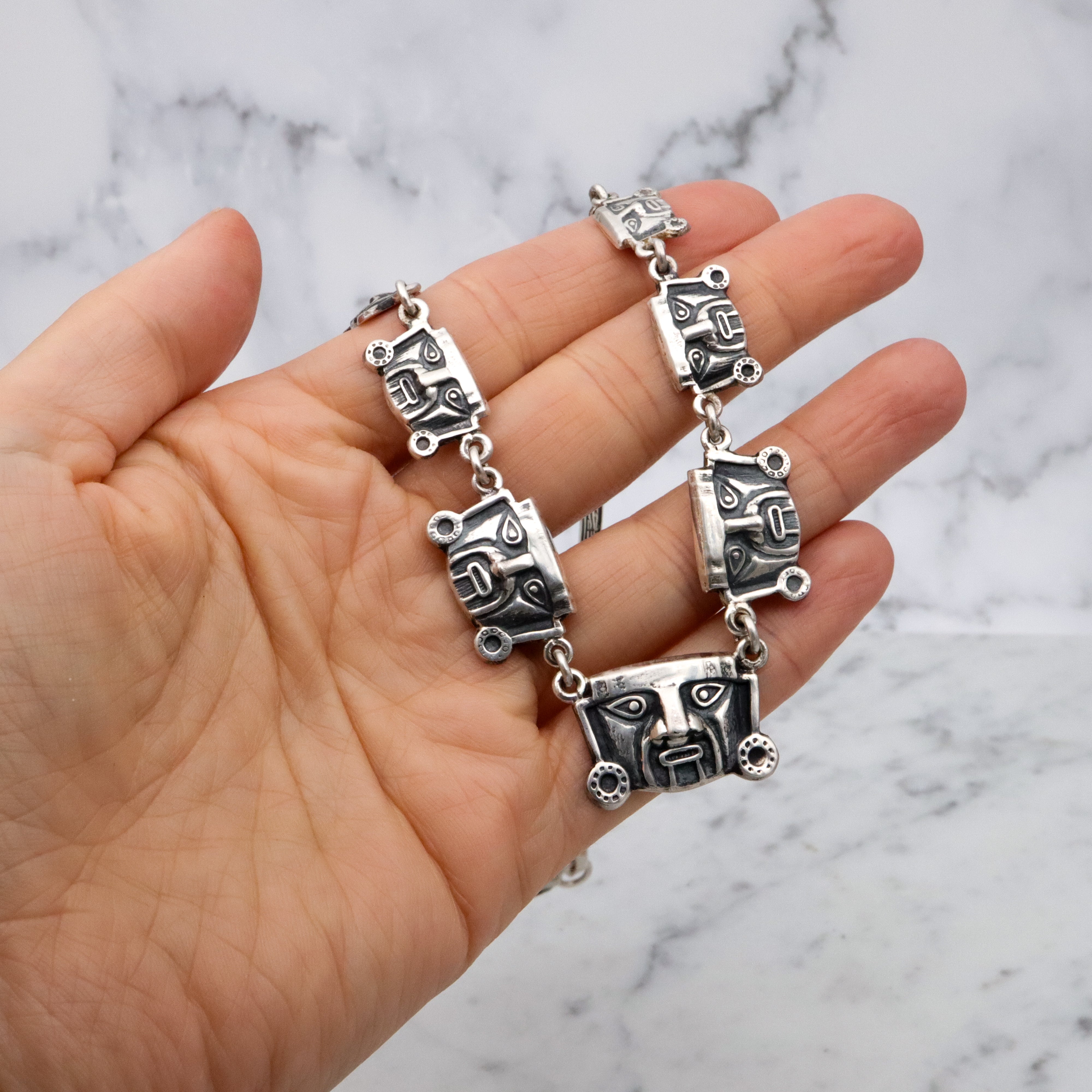 Vintage Mexican sterling Aztec warrior mask link necklace