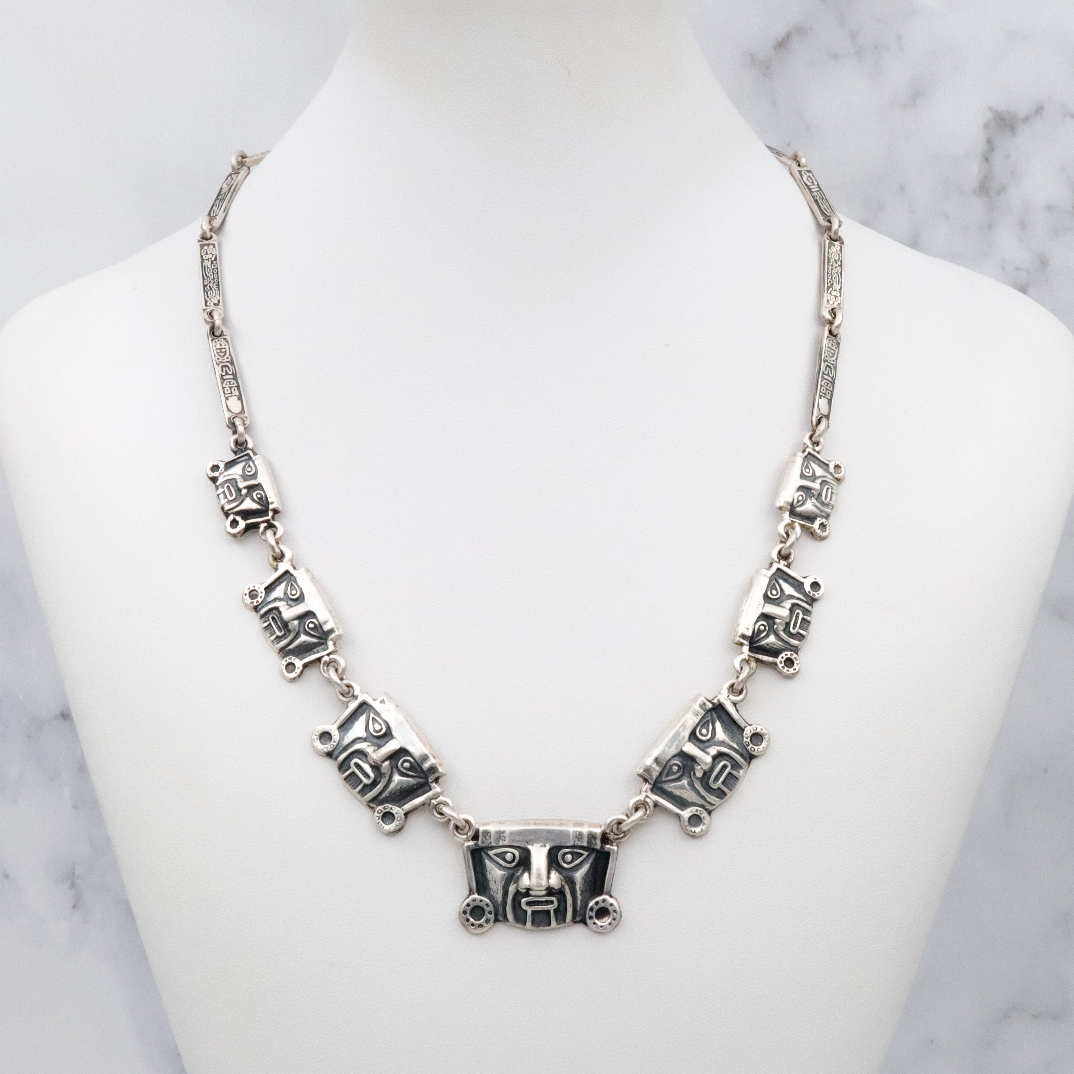 Vintage Mexican sterling Aztec warrior mask link necklace