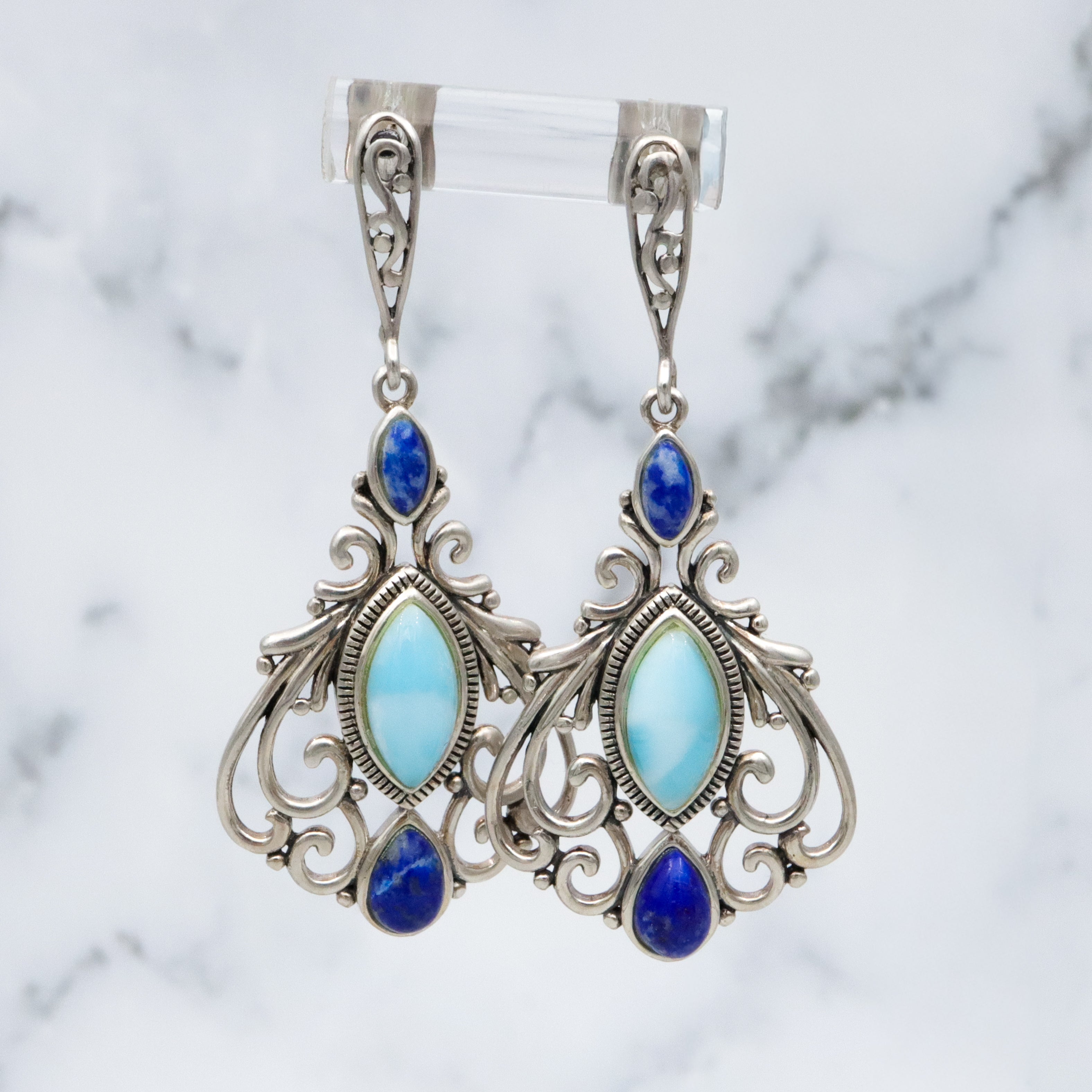 Vintage lapis & larimar sterling filigree drop earrings