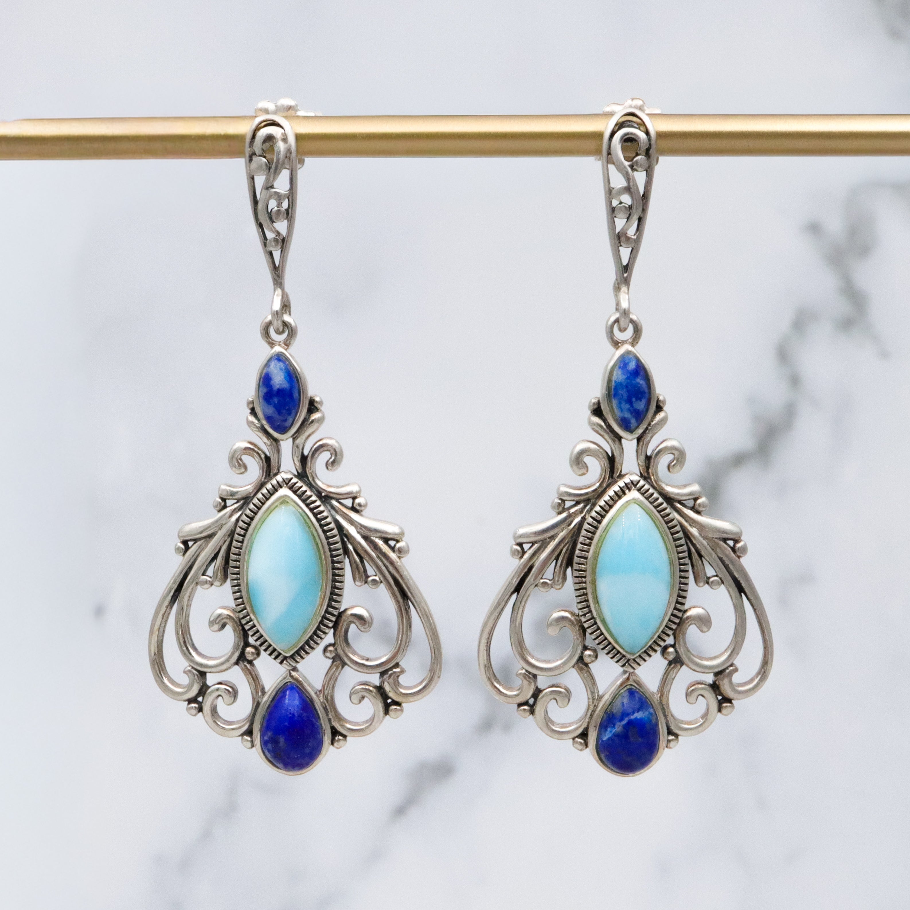 Vintage lapis & larimar sterling filigree drop earrings
