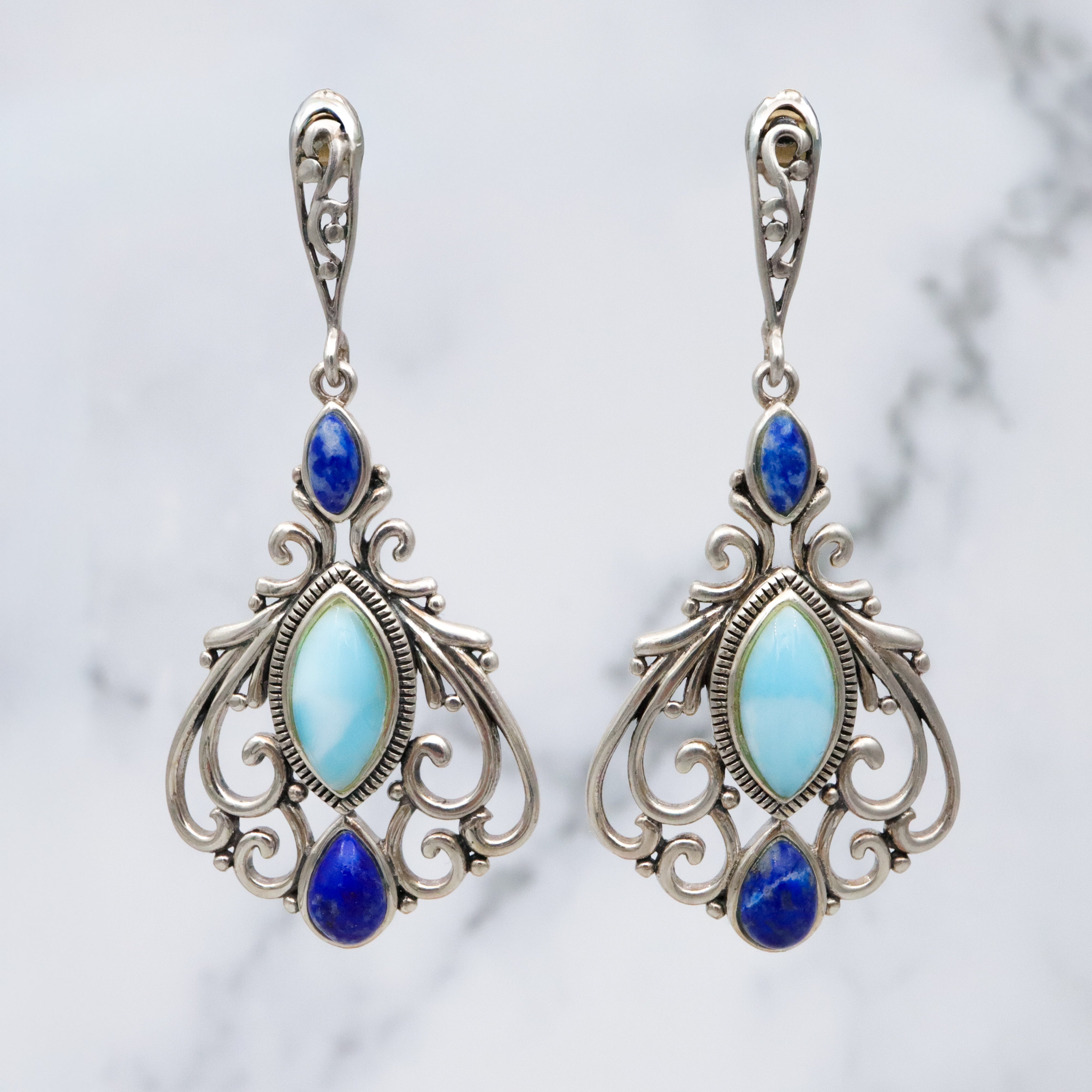 Vintage lapis & larimar sterling filigree drop earrings
