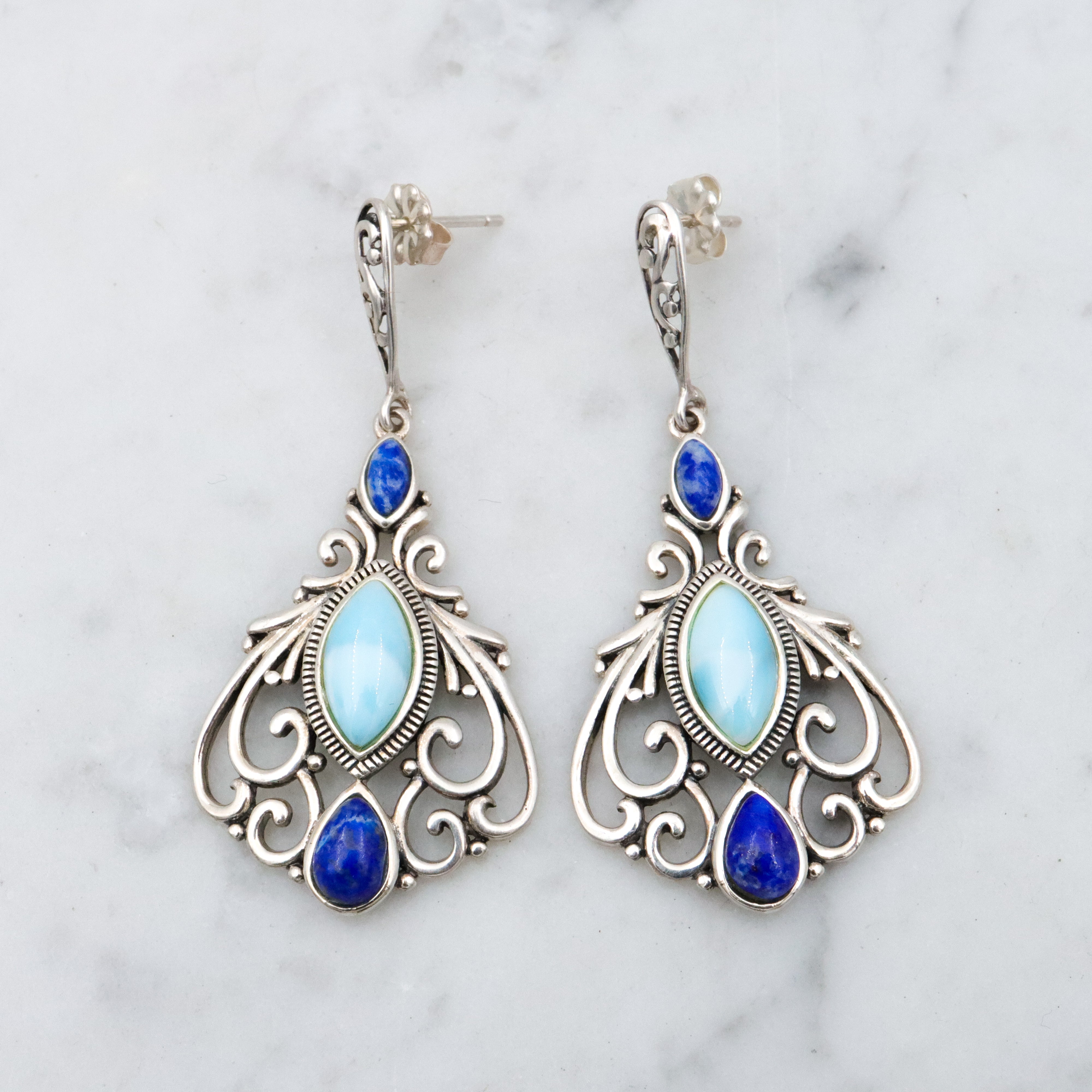 Vintage lapis & larimar sterling filigree drop earrings
