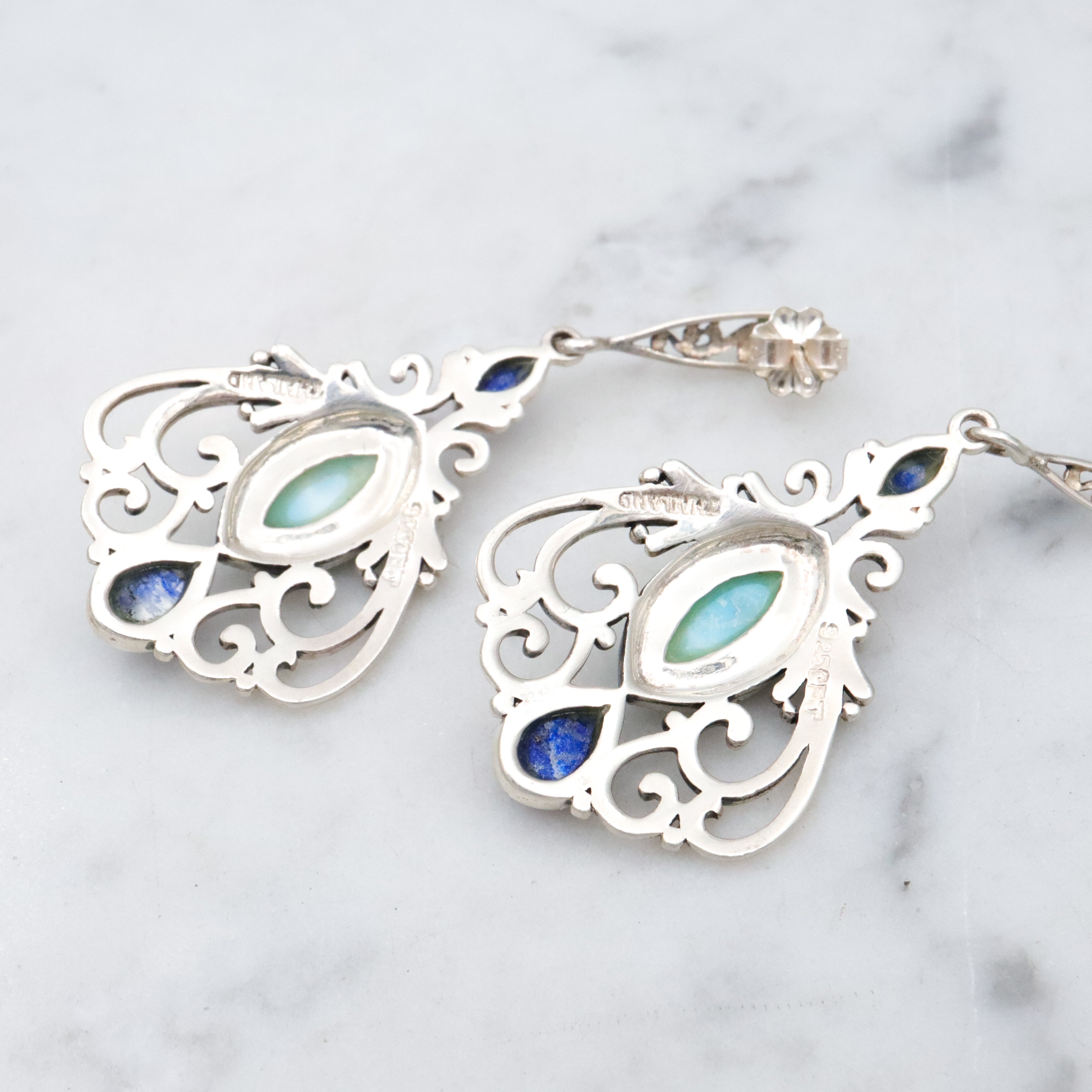 Vintage lapis & larimar sterling filigree drop earrings
