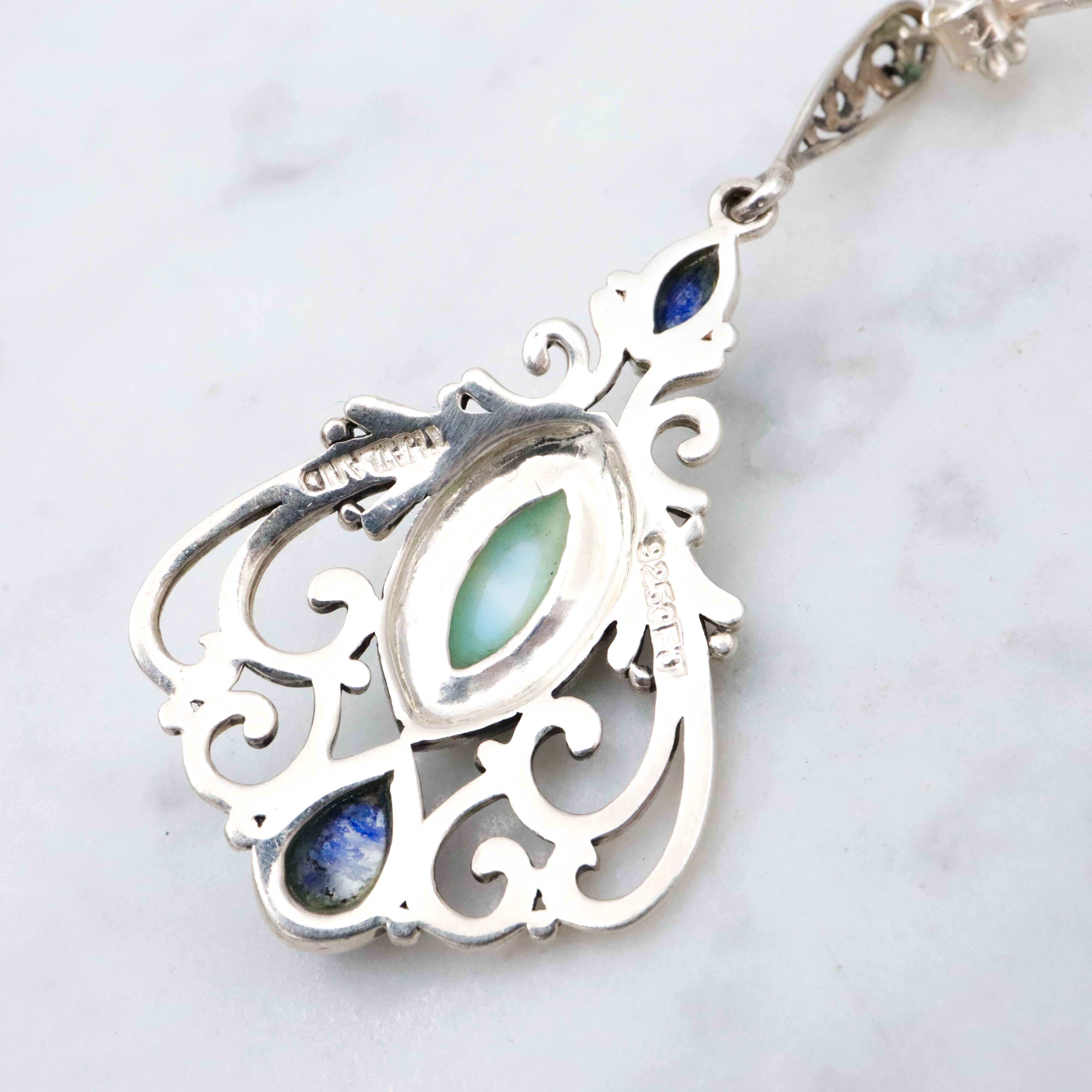 Vintage lapis & larimar sterling filigree drop earrings