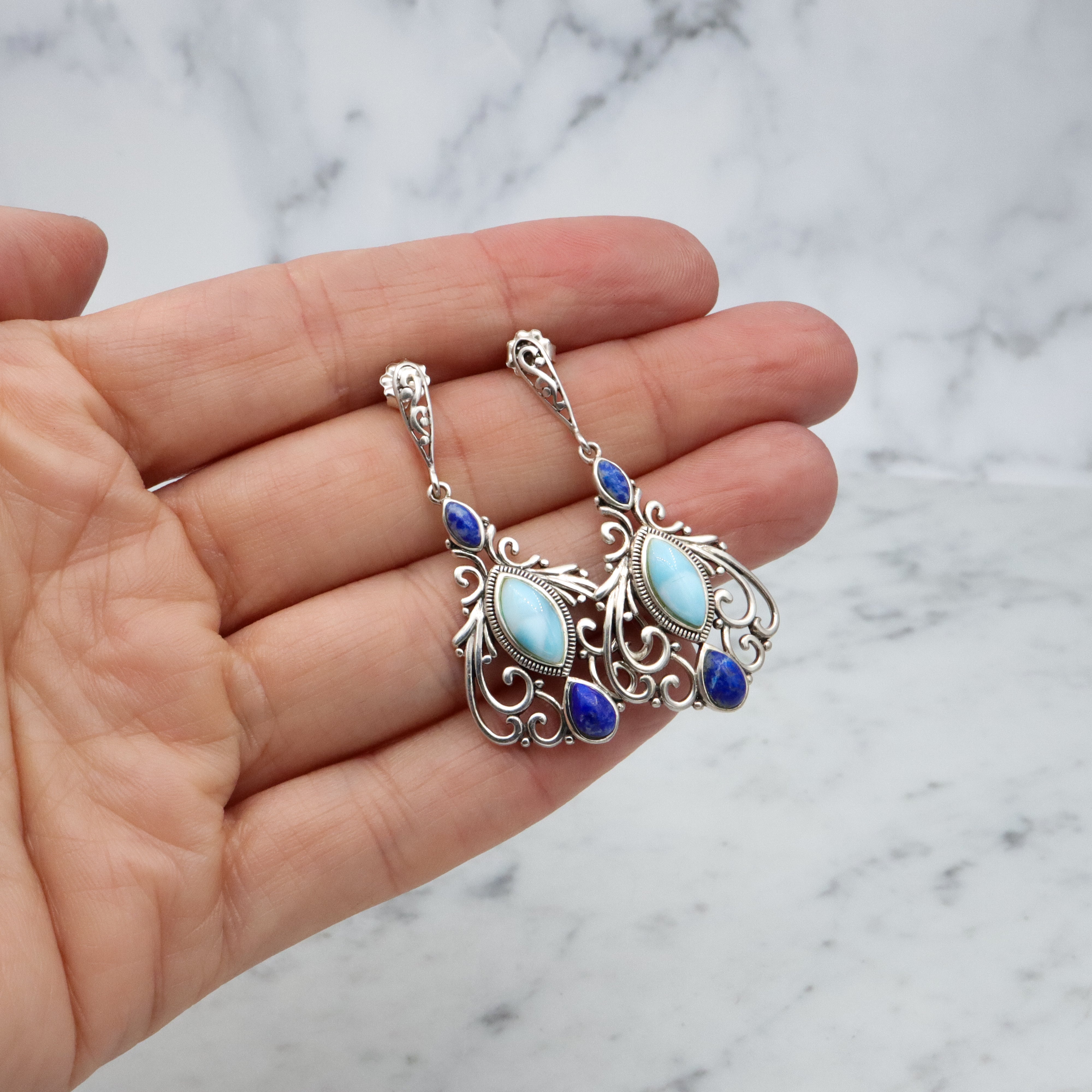 Vintage lapis & larimar sterling filigree drop earrings