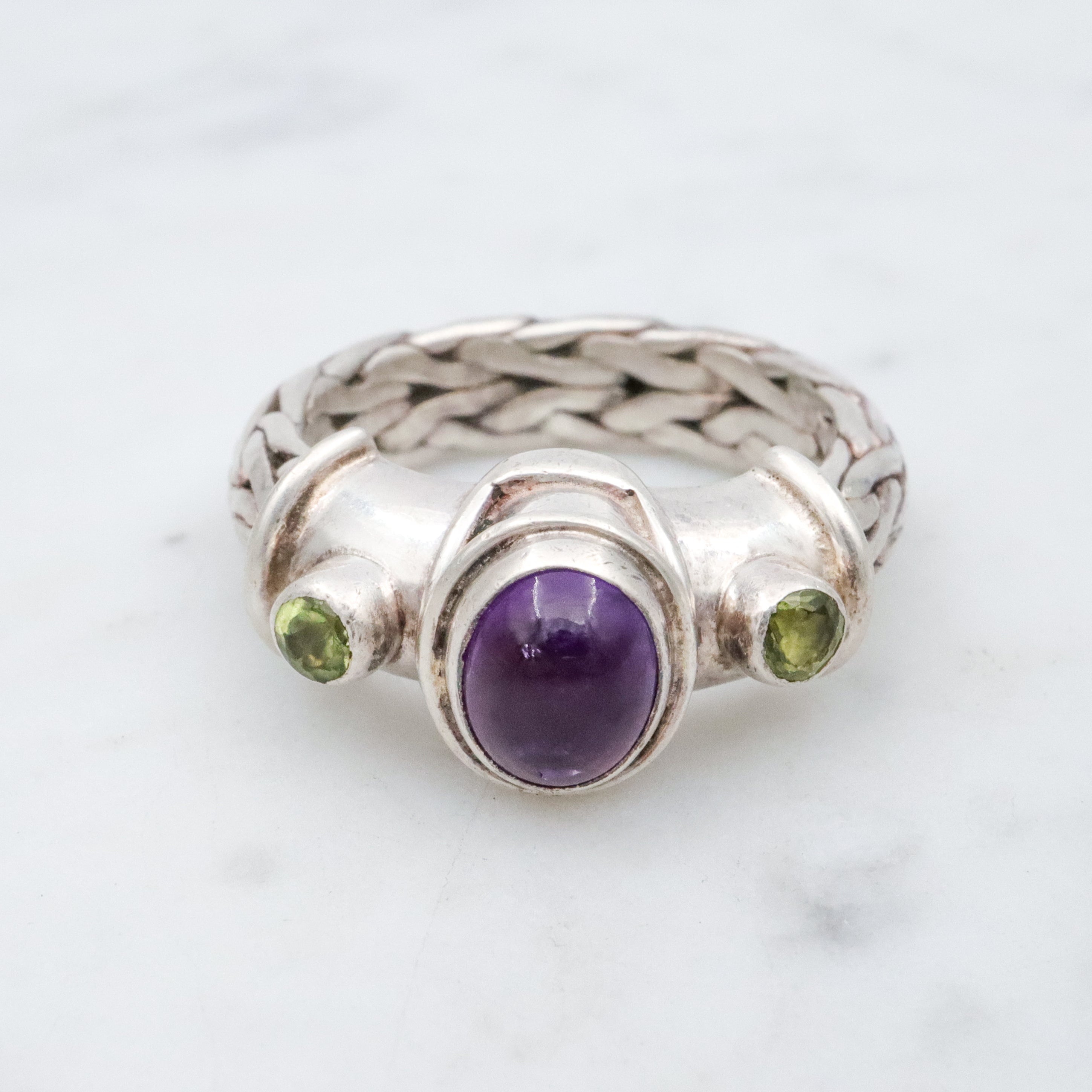 Retro Sajen amethyst & peridot woven band sterling ring, size 8