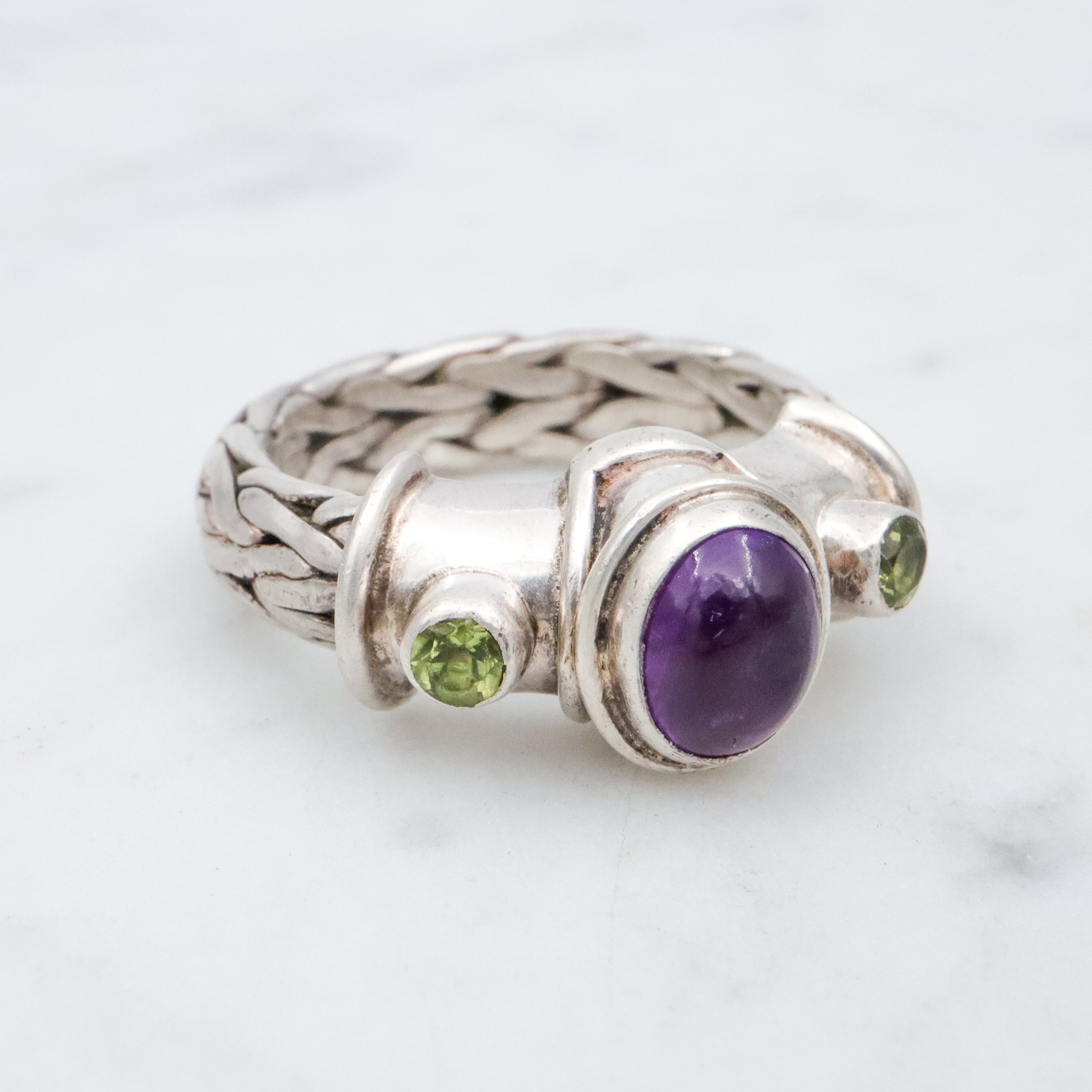 Retro Sajen amethyst & peridot woven band sterling ring, size 8
