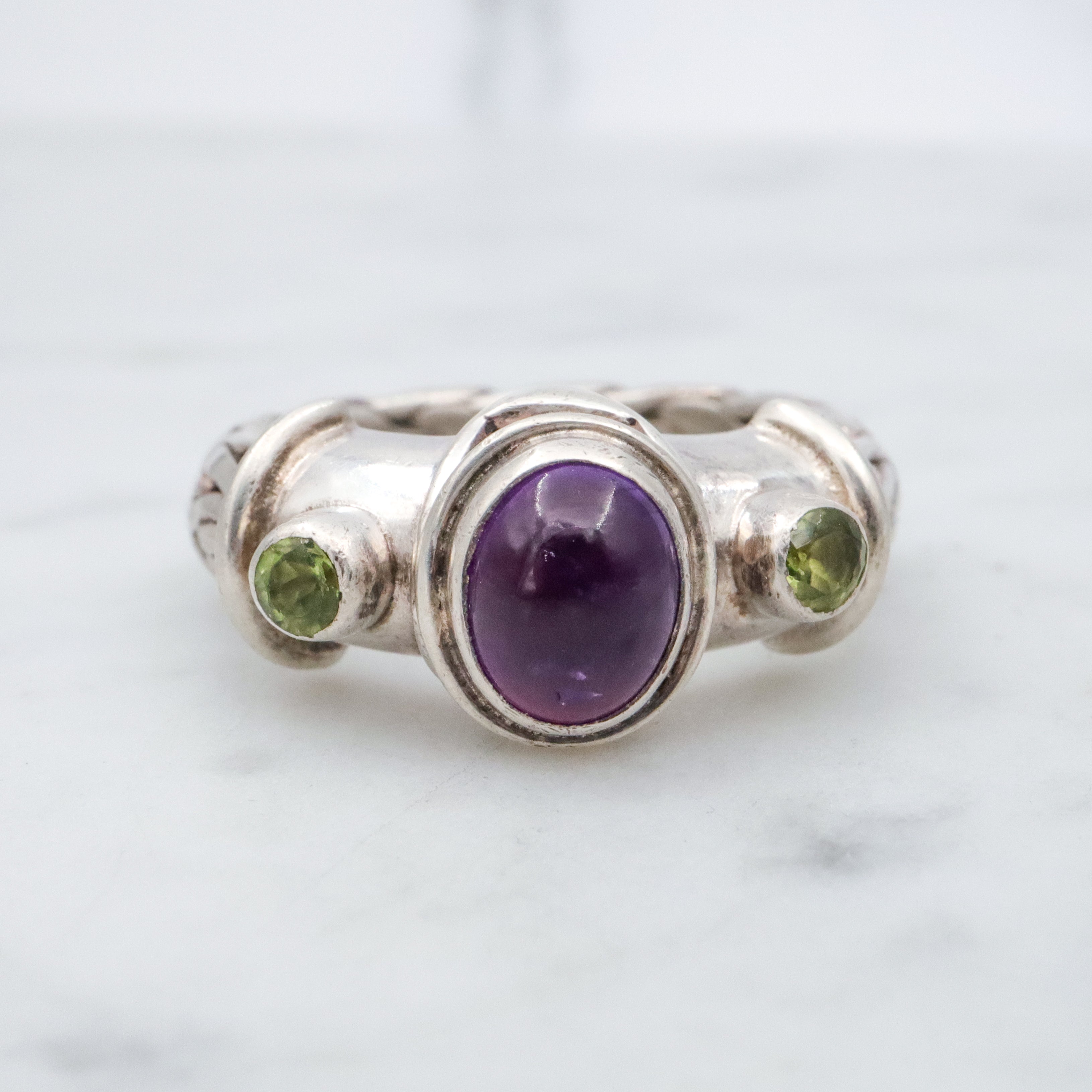 Retro Sajen amethyst & peridot woven band sterling ring, size 8