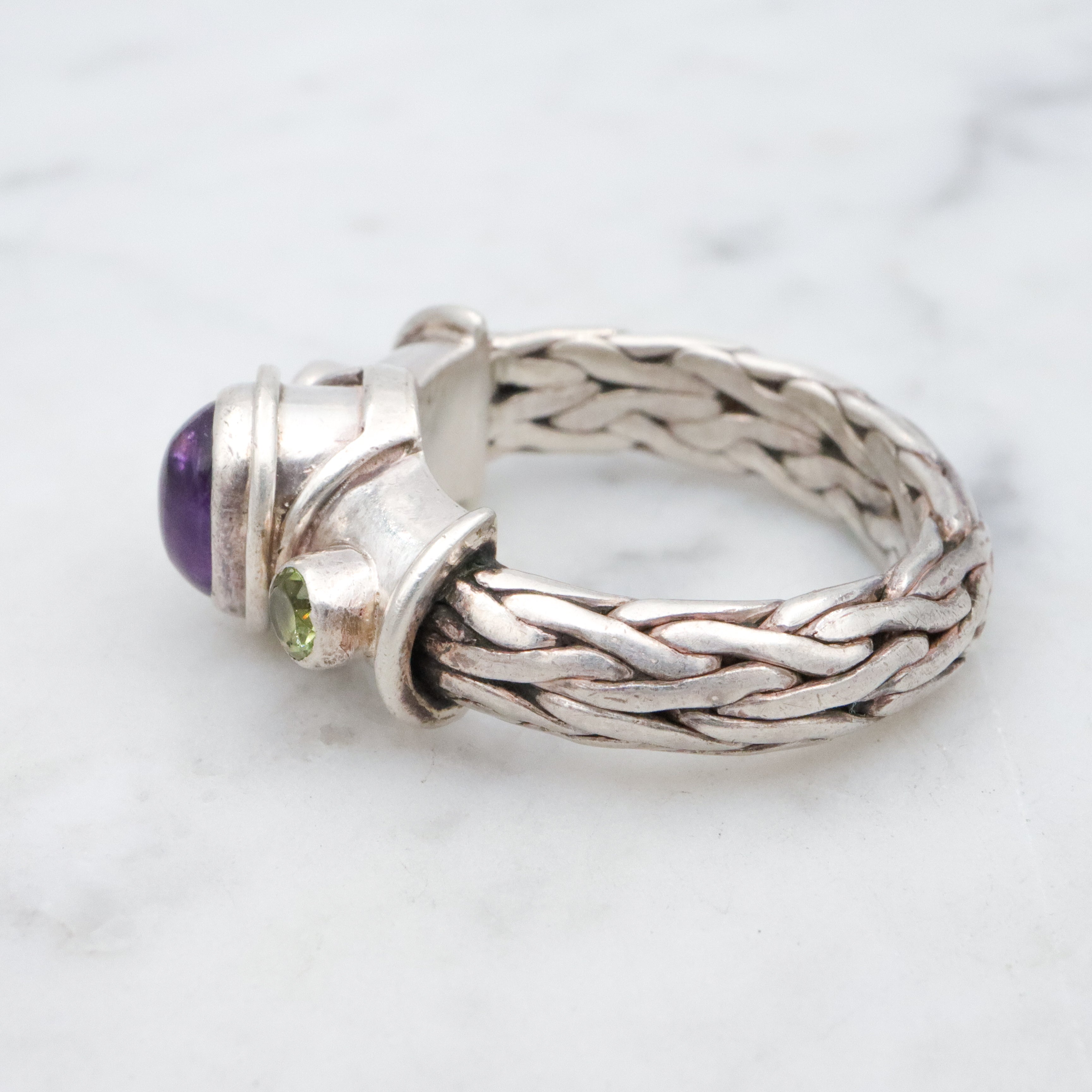 Retro Sajen amethyst & peridot woven band sterling ring, size 8